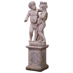 Early 20th Century French Cast Stone Cherub Garden Sculpture on Pedestal