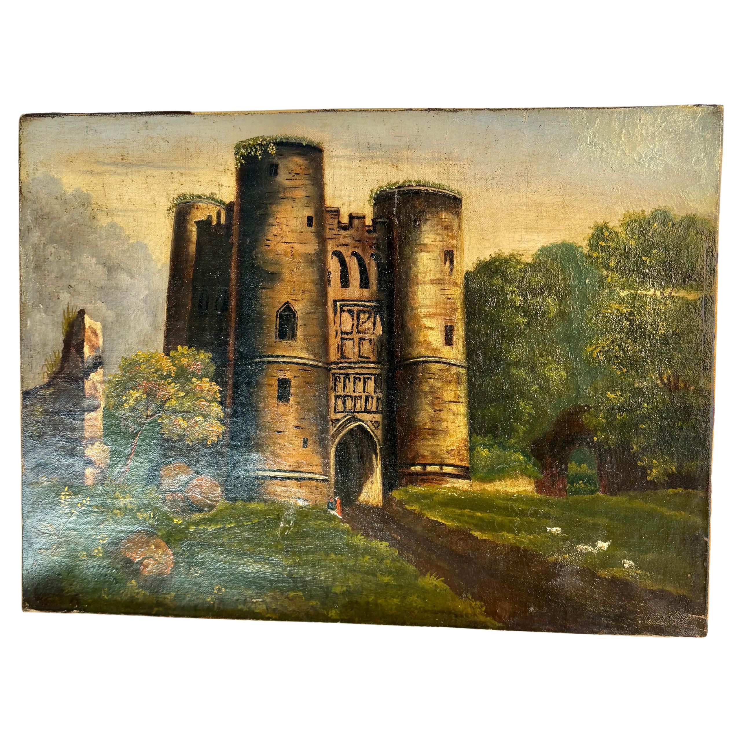 Found in the South of France, this Early 20th Century Castle Art was hand painted on canvas in the early 1900's. The piece features a castle scene in the country side surrounded by rocks, architectural ruins and lush landscape. The colors are warm