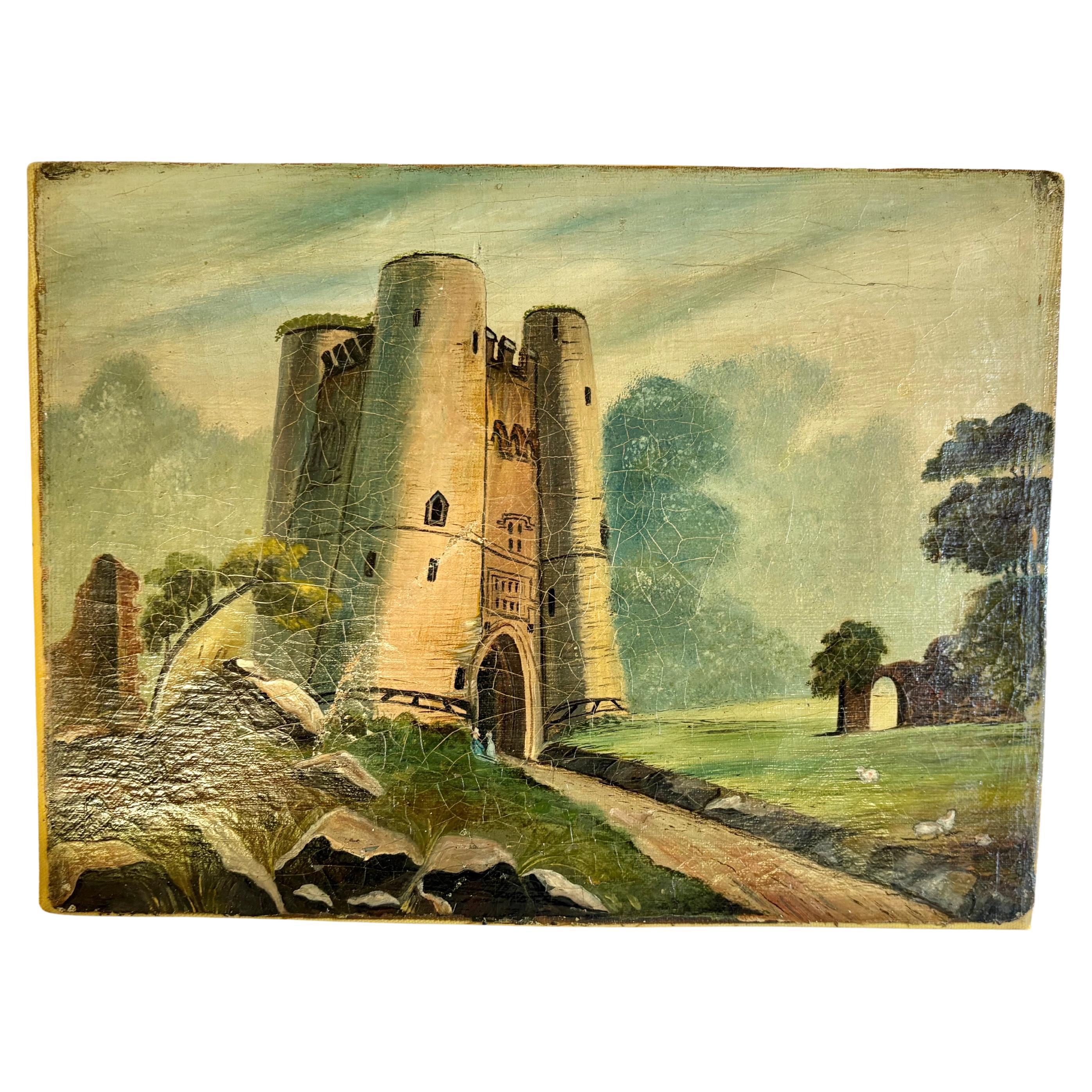 Found in the South of France, this Early 20th Century Castle Art was hand painted on canvas in the early 1900's. The piece features a castle scene in the country side surrounded by rocks and lush landscape. The colors are warm with hues of greens,