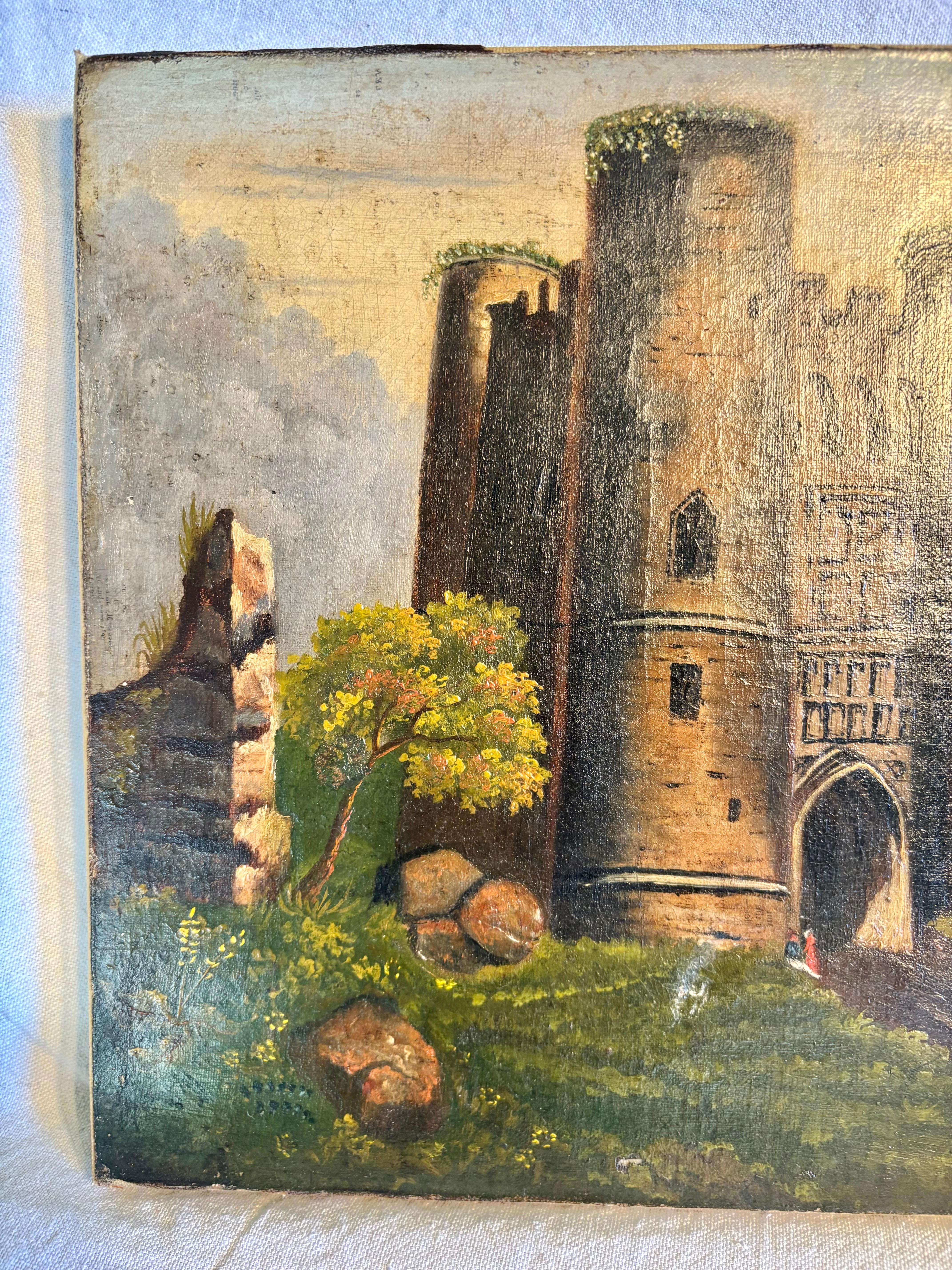 Hand-Painted Early 20th Century French Castle Art Oil on Canvas For Sale