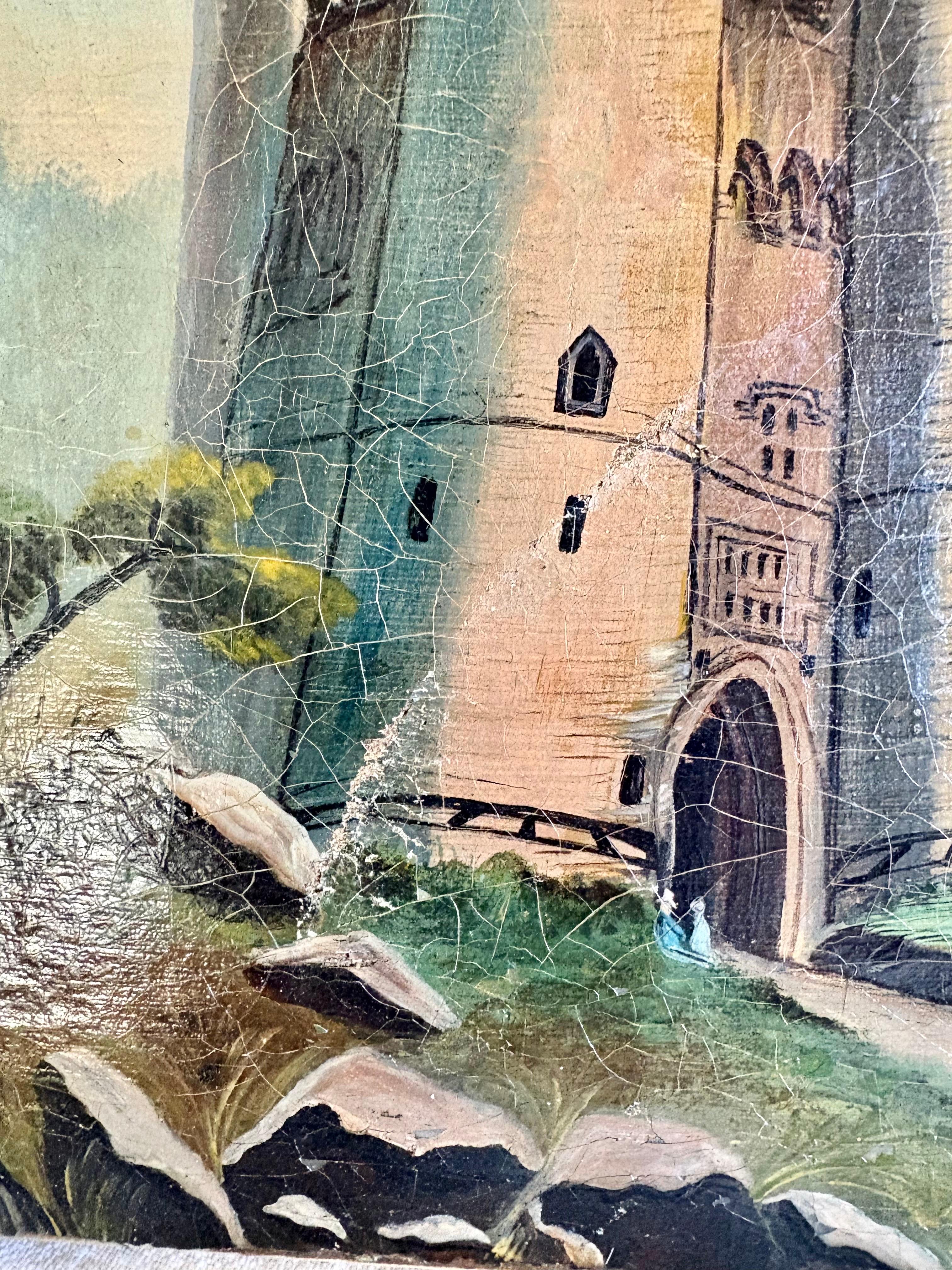 Hand-Painted Early 20th Century French Castle Art Oil on Canvas For Sale
