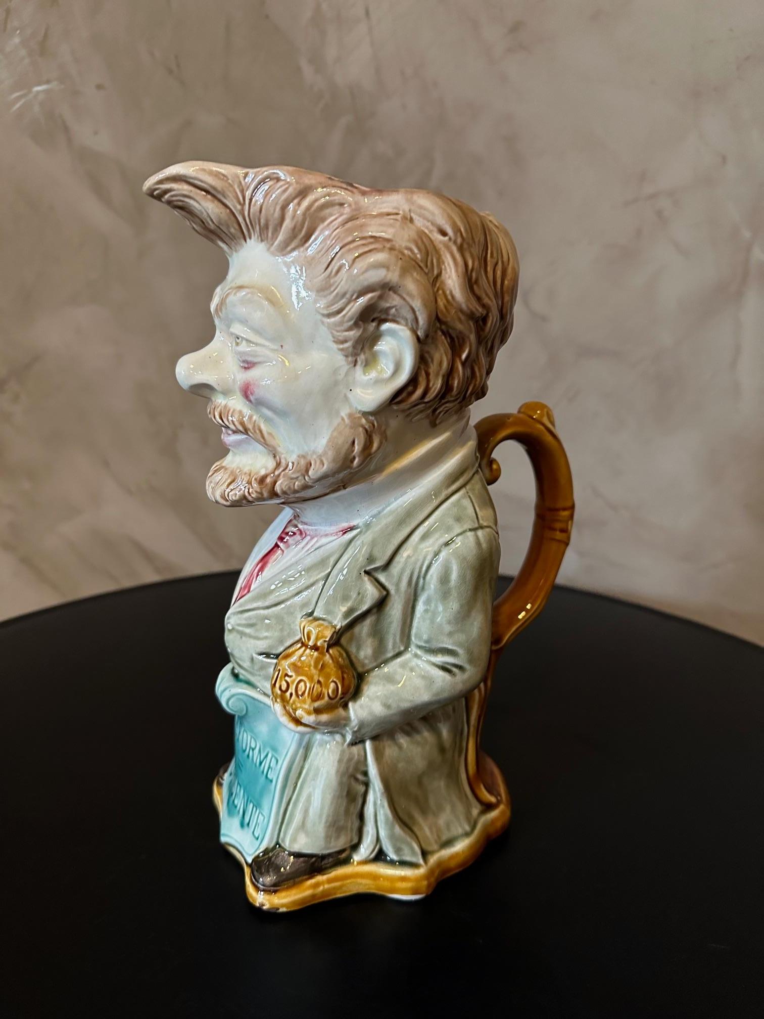 Early 20th century French Ceramic Politician man Pitcher In Good Condition For Sale In LEGNY, FR