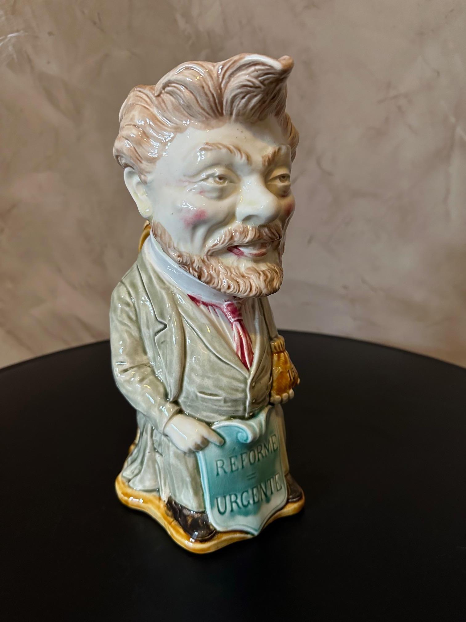 Early 20th century French Ceramic Politician man Pitcher For Sale 2