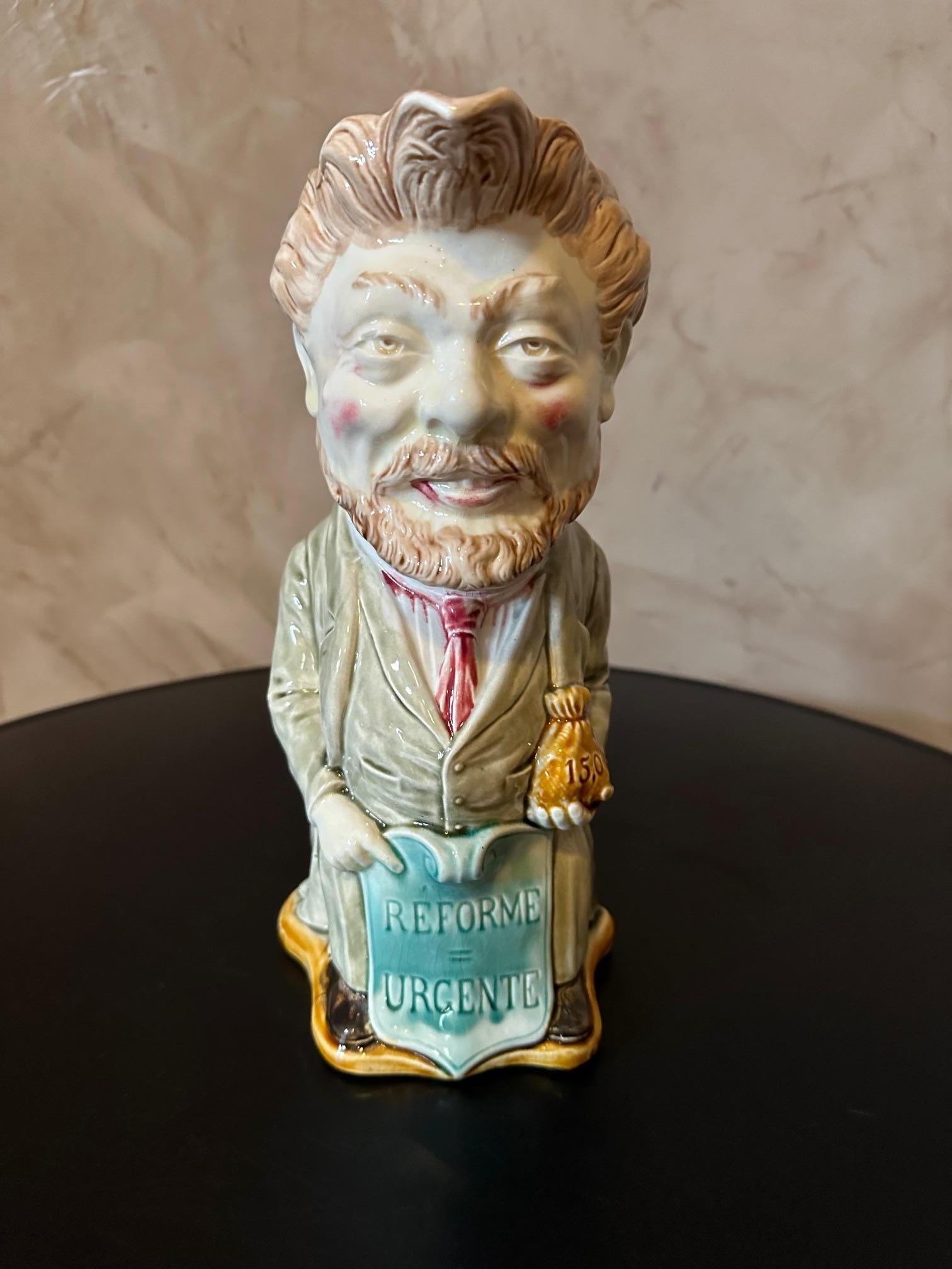 Early 20th century French Ceramic Politician man Pitcher For Sale 4