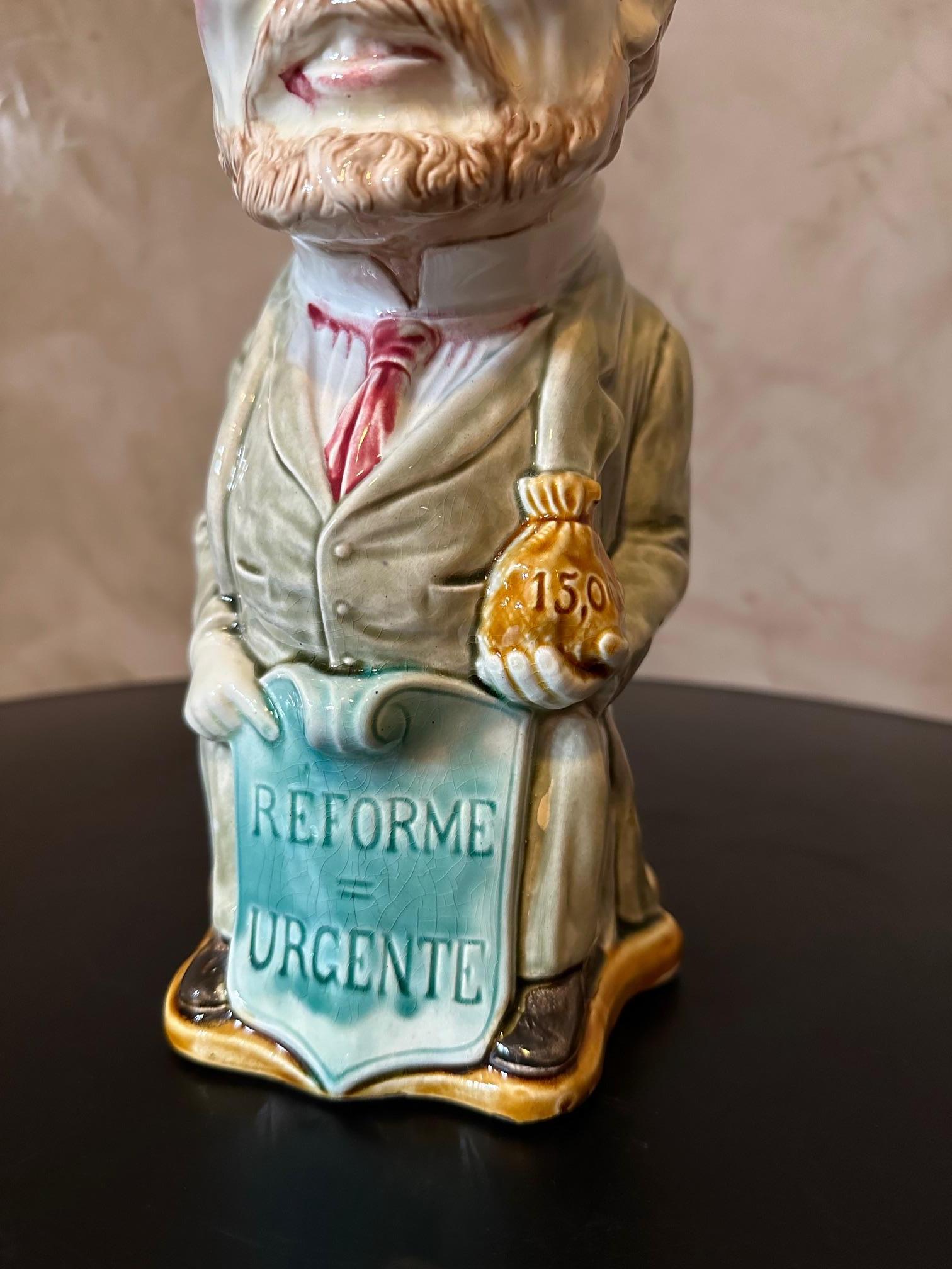 Early 20th century French Ceramic Politician man Pitcher For Sale 5