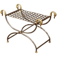 Early 20th Century French Charles X Polished Iron Stool with Bronze Swan Figures