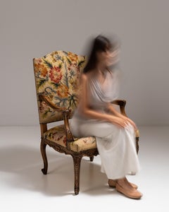 Early 20th Century French Chestnut Louis XV Throne Armchair Tapestry Upholstery