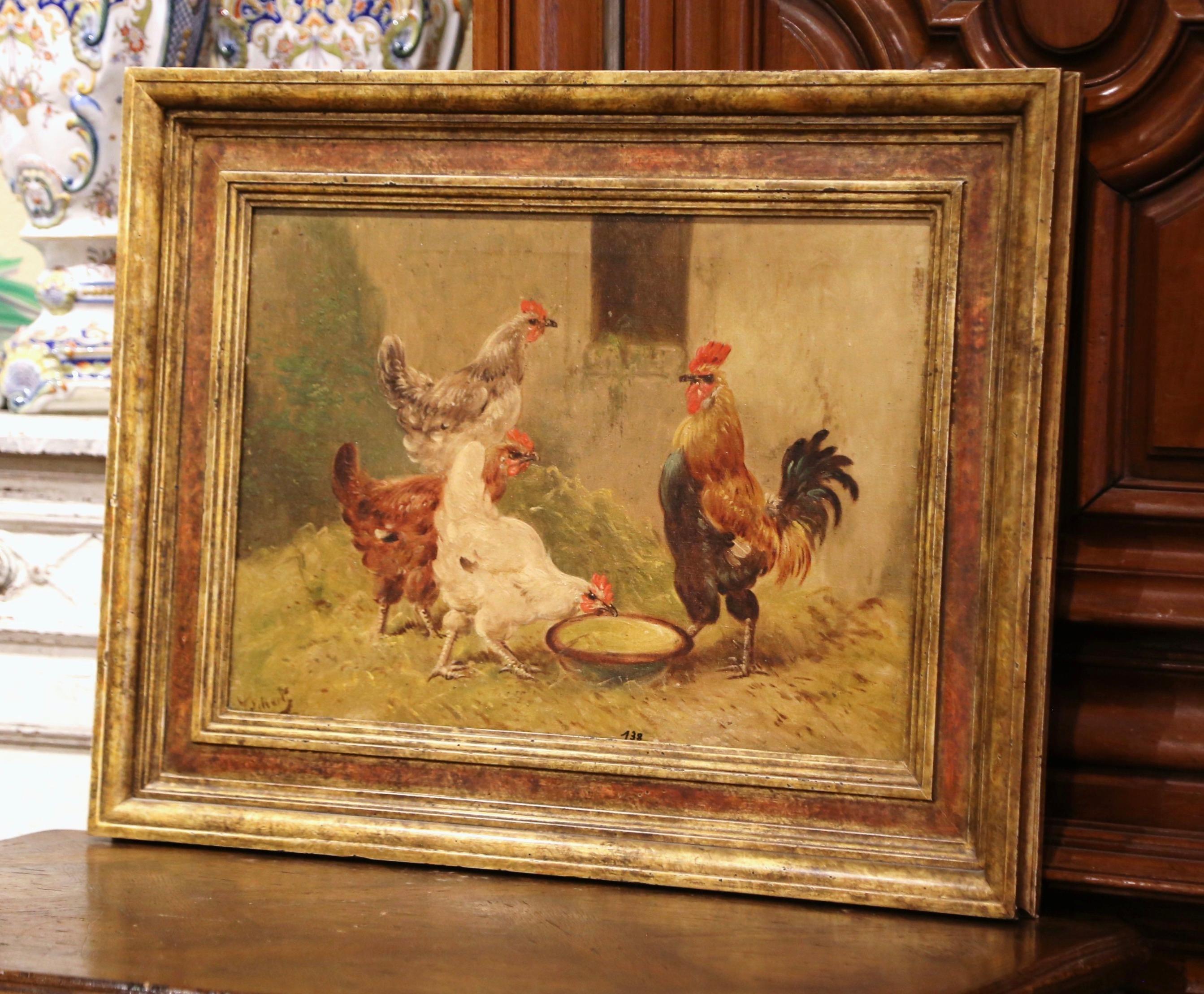 This antique oil on canvas painting was created in France, circa 1930. Set inside a carved gilt frame, the composition depicts a typical 