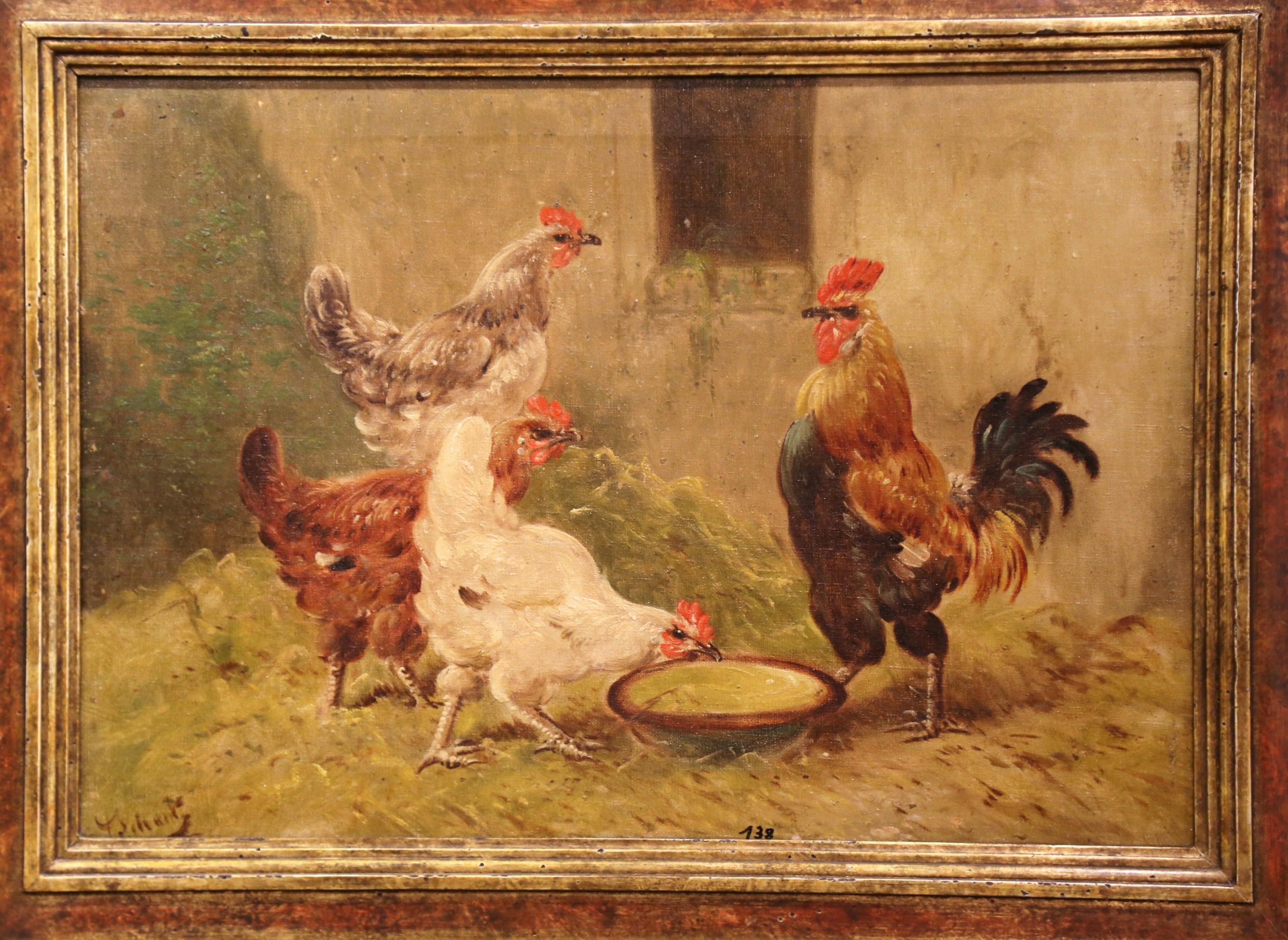 Early 20th Century French Chicken Painting in Carved Frame Signed and Numbered In Excellent Condition In Dallas, TX