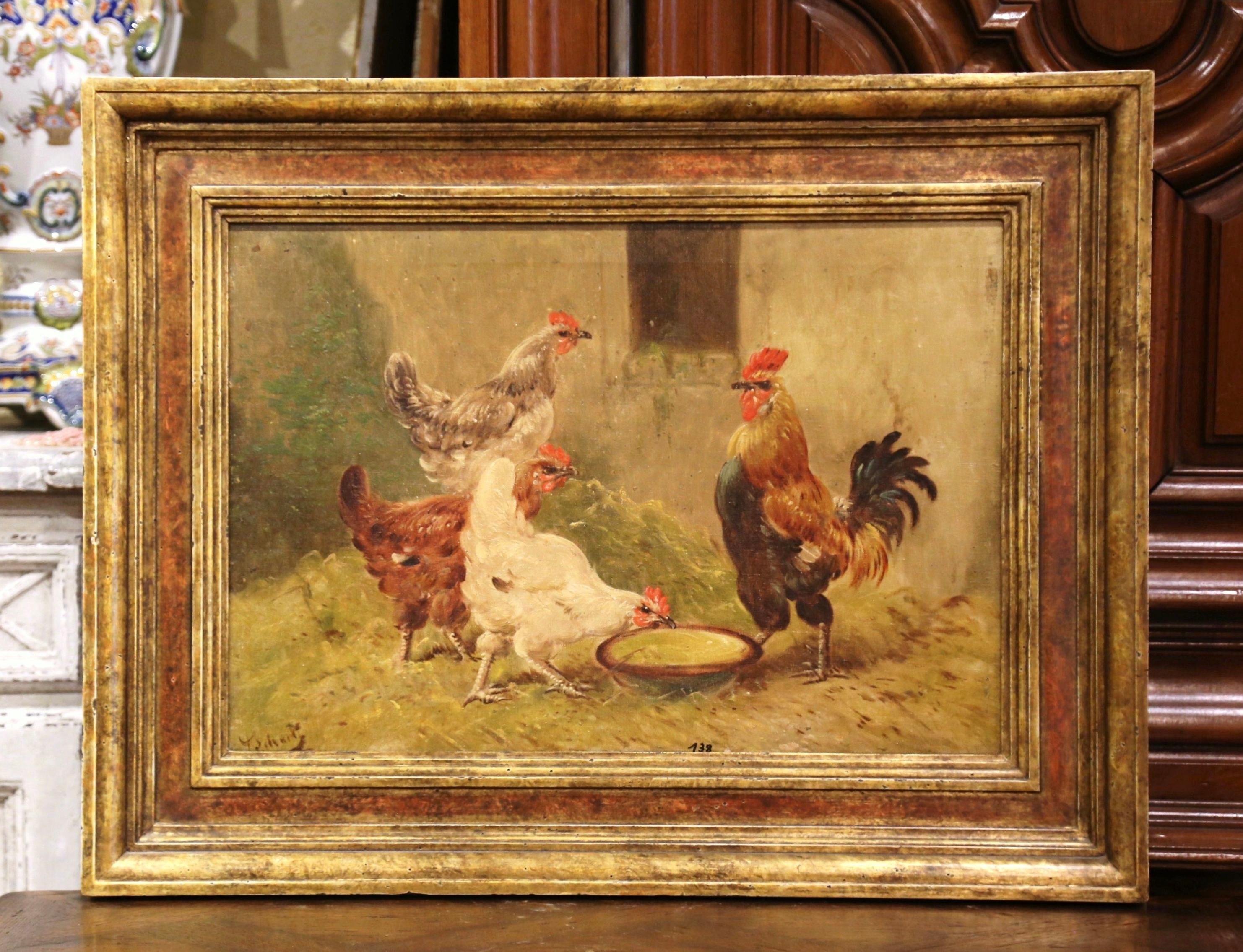 Early 20th Century French Chicken Painting in Carved Frame Signed and Numbered 1