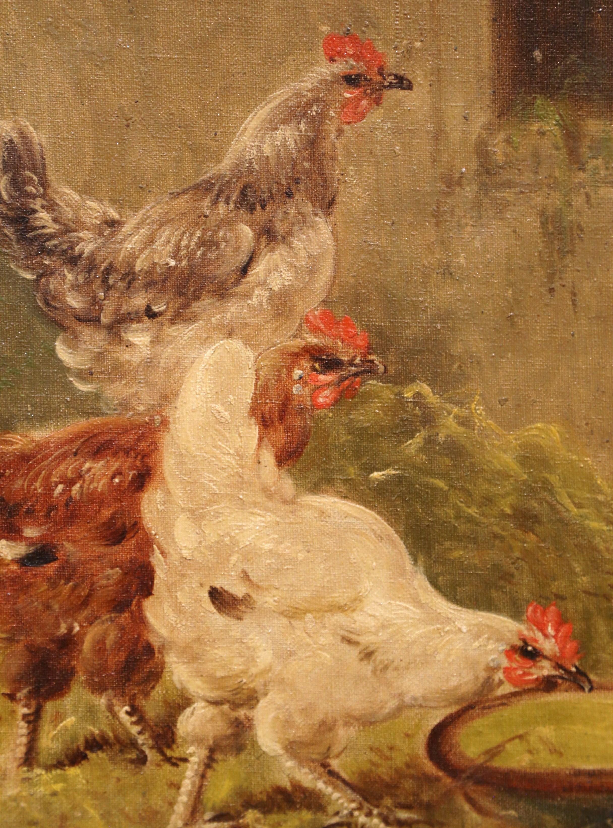 Early 20th Century French Chicken Painting in Carved Frame Signed and Numbered 4