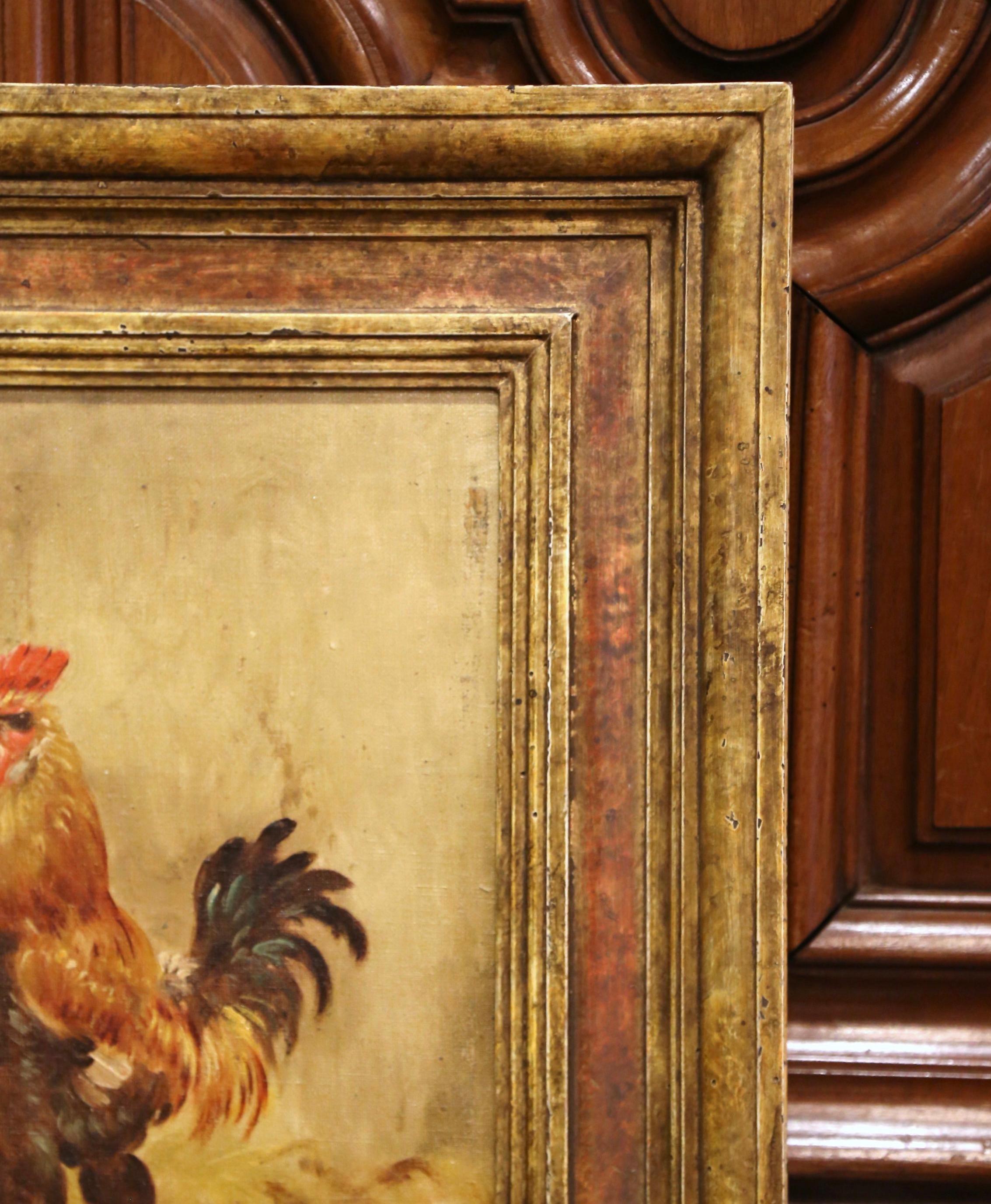 Early 20th Century French Chicken Painting in Carved Frame Signed and Numbered 5