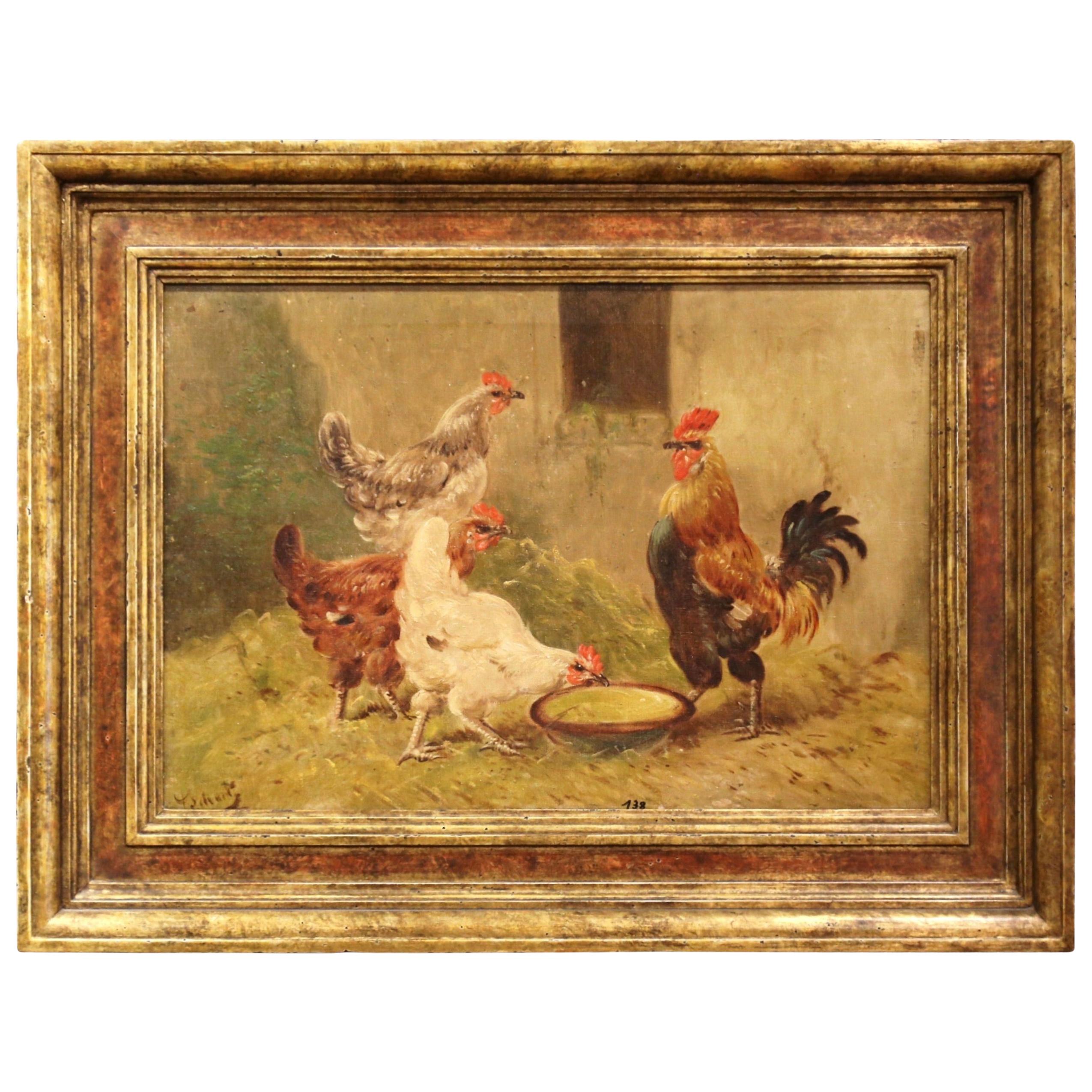 Early 20th Century French Chicken Painting in Carved Frame Signed and Numbered