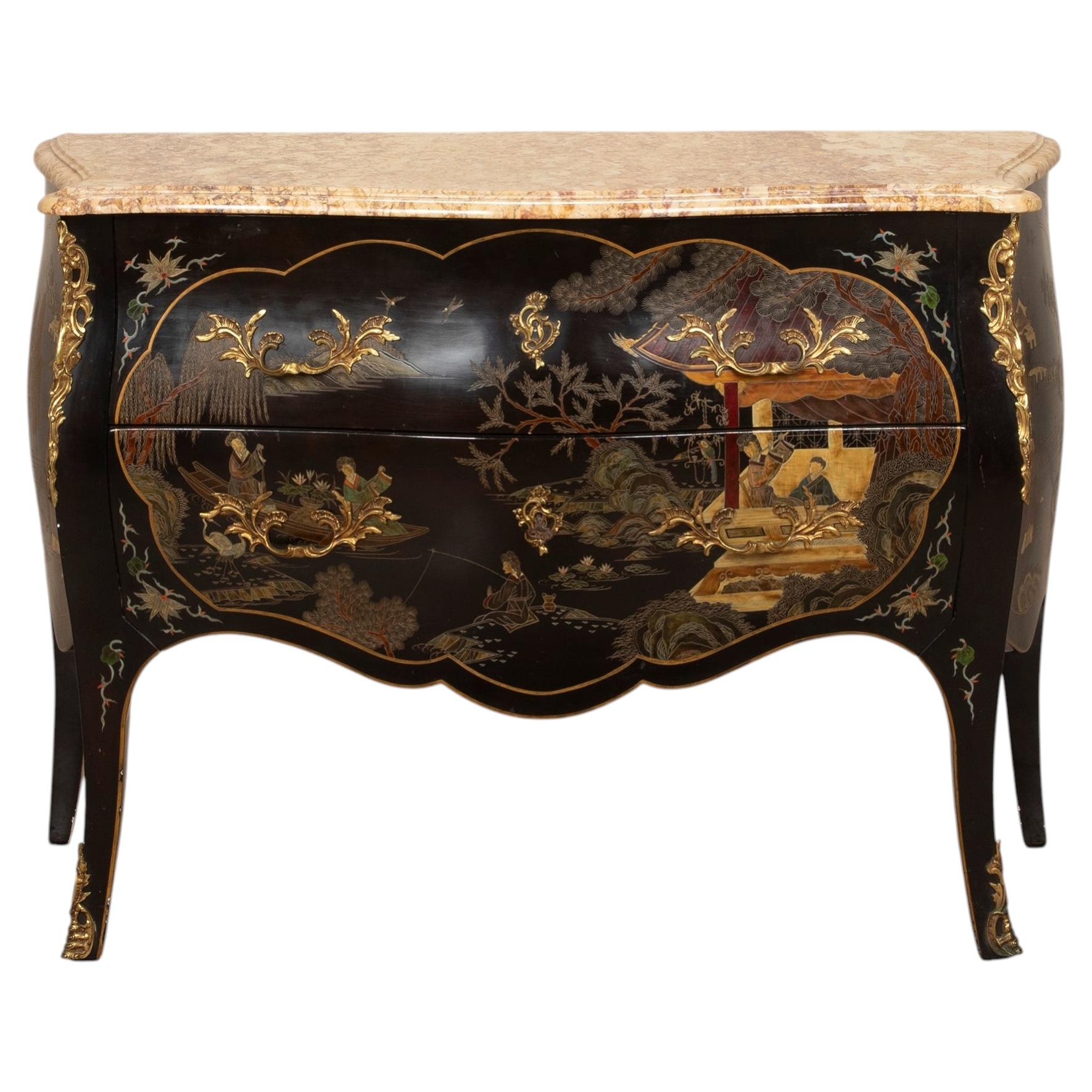 Early 20th Century French Chinoiserie Decorated Marble Top Commode