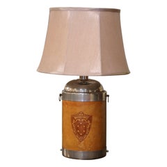 Französische Chrom- und Leder-Tischlampe des frühen 20. Jahrhunderts mit geprägtem Wappen