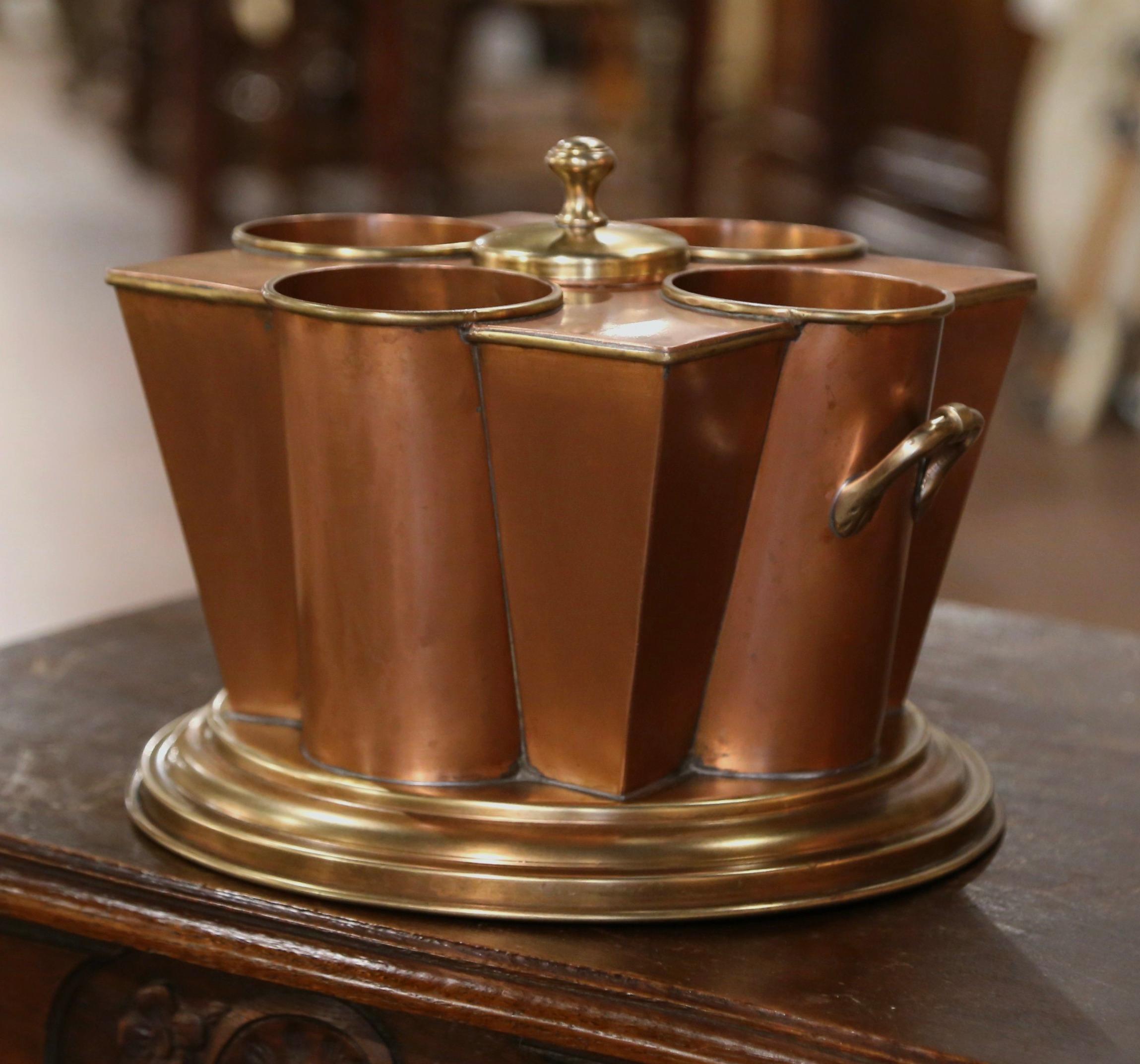 Early 20th Century French Copper & Brass Four-Bottle Wine Cooler Rafraichissoir In Excellent Condition In Dallas, TX