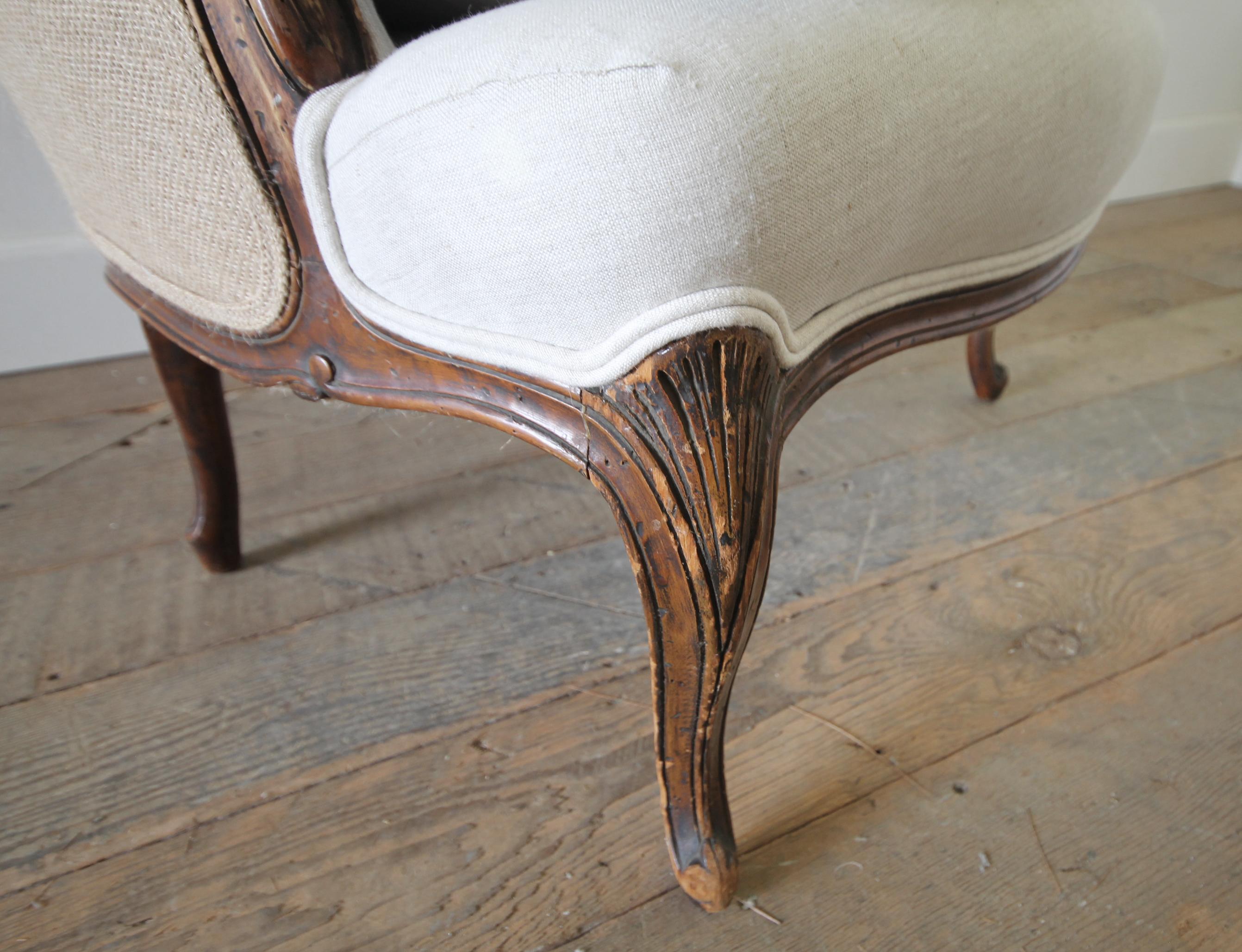 Early 20th Century French Country Bergere Chair with Linen Grainsack Upholstery 7