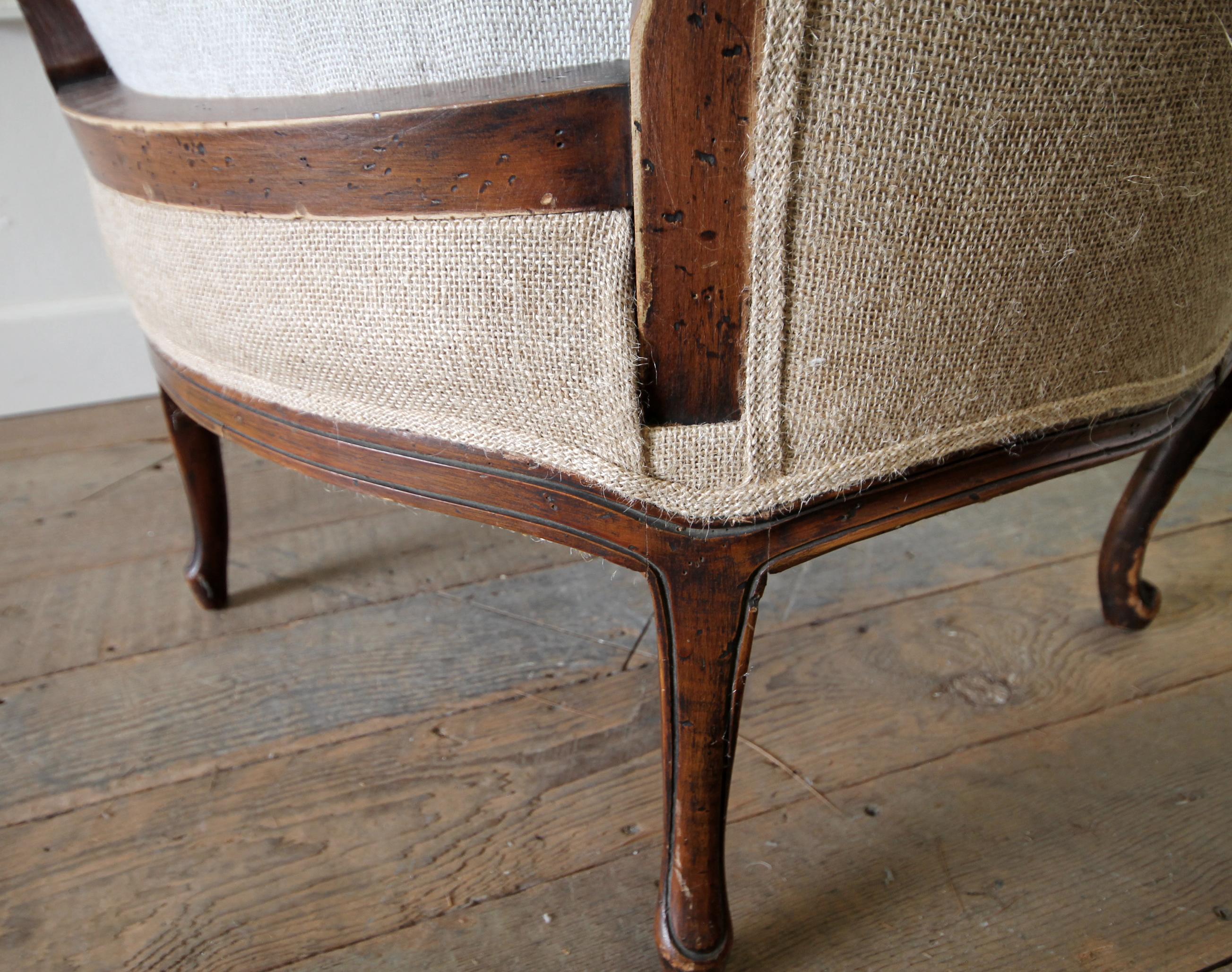 Early 20th Century French Country Bergere Chair with Linen Grainsack Upholstery 8