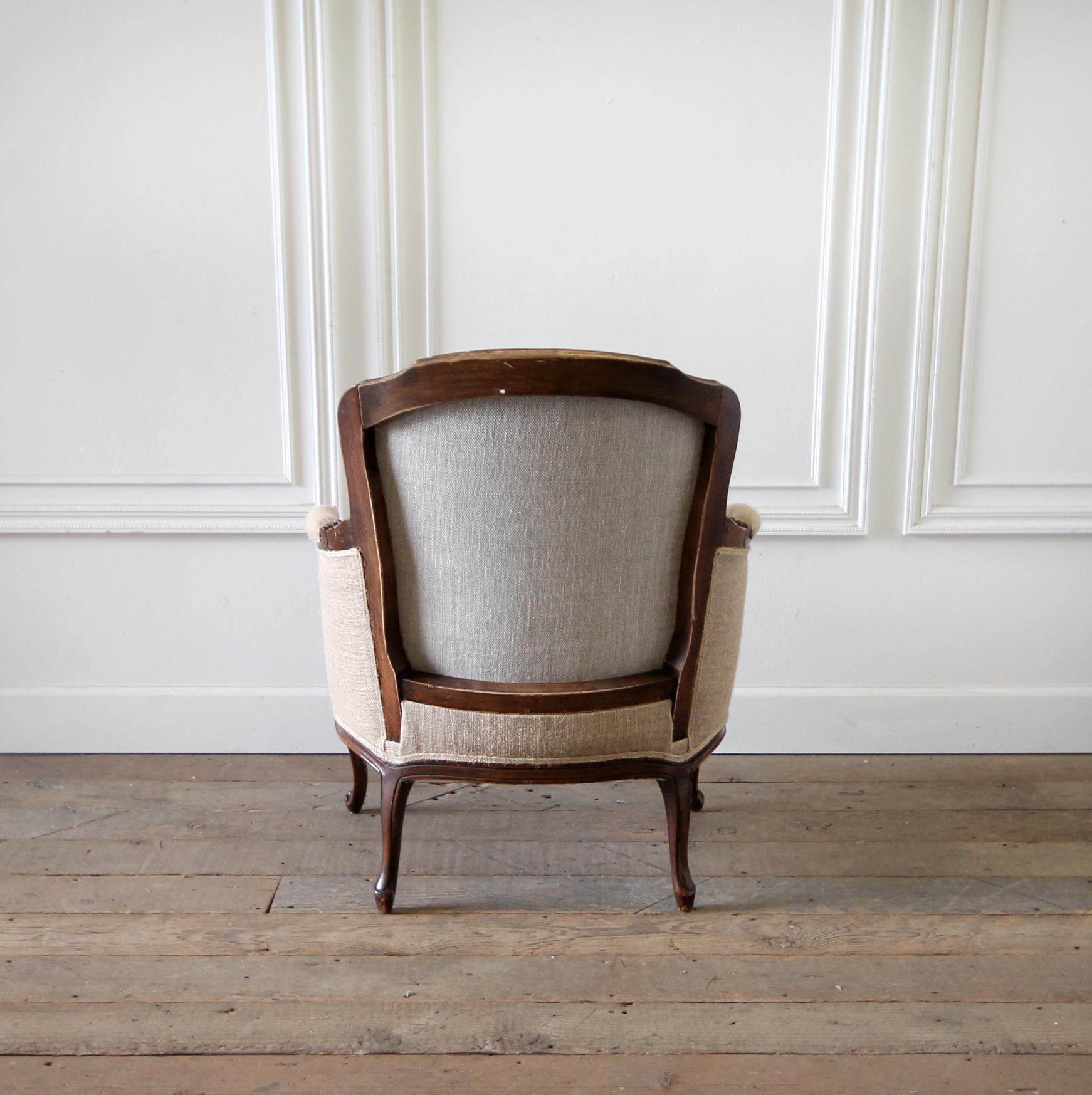 Burlap Early 20th Century French Country Bergere Chair with Linen Grainsack Upholstery