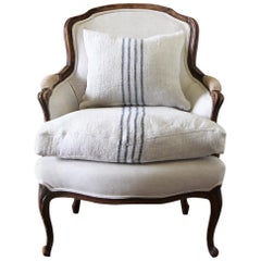 Early 20th Century French Country Bergere Chair with Linen Grainsack Upholstery