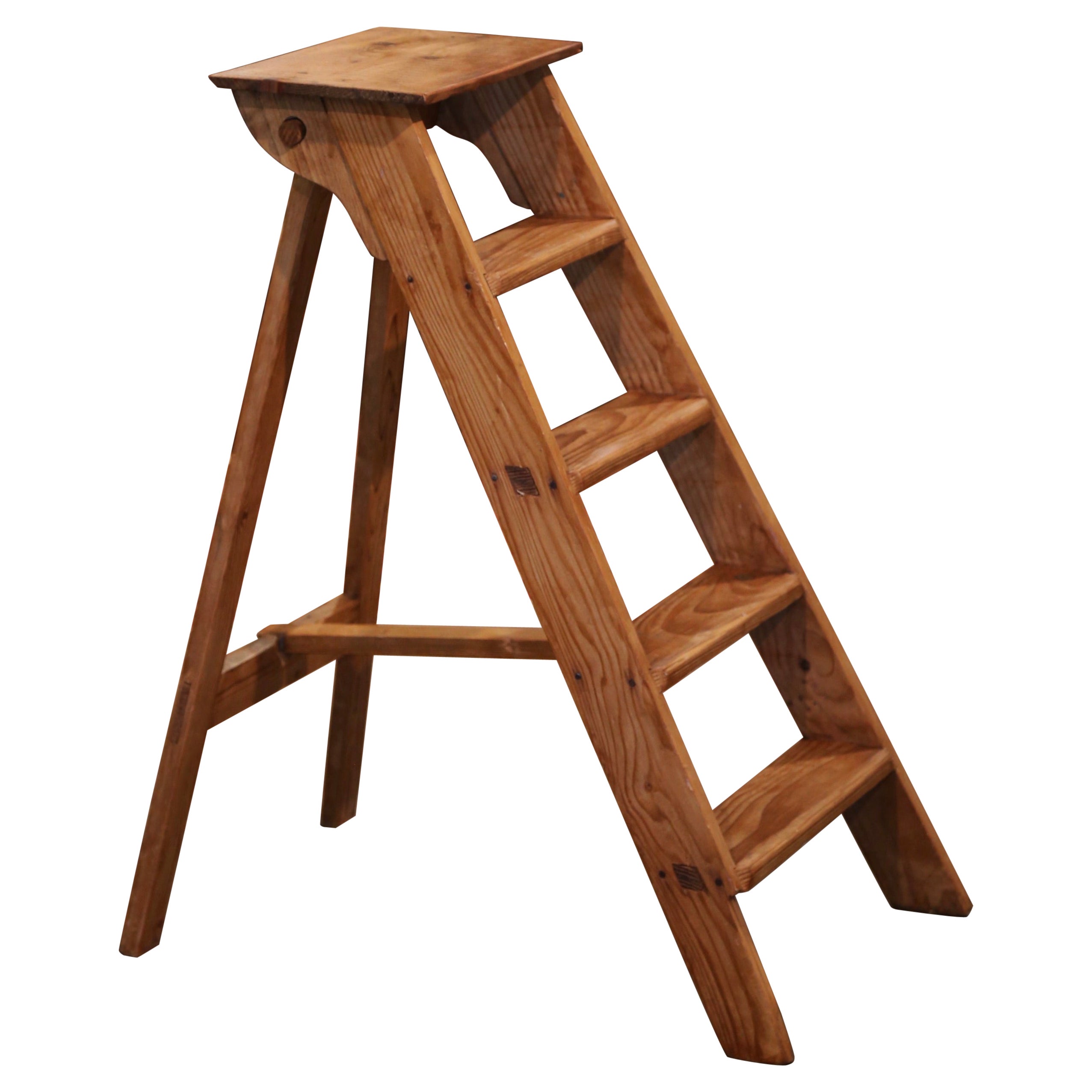 Early 20th Century French Country Carved Pine Folding Library Step Ladder