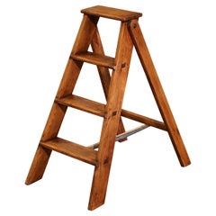 Antique Early 20th Century French Country Carved Pine Folding Library Step Ladder