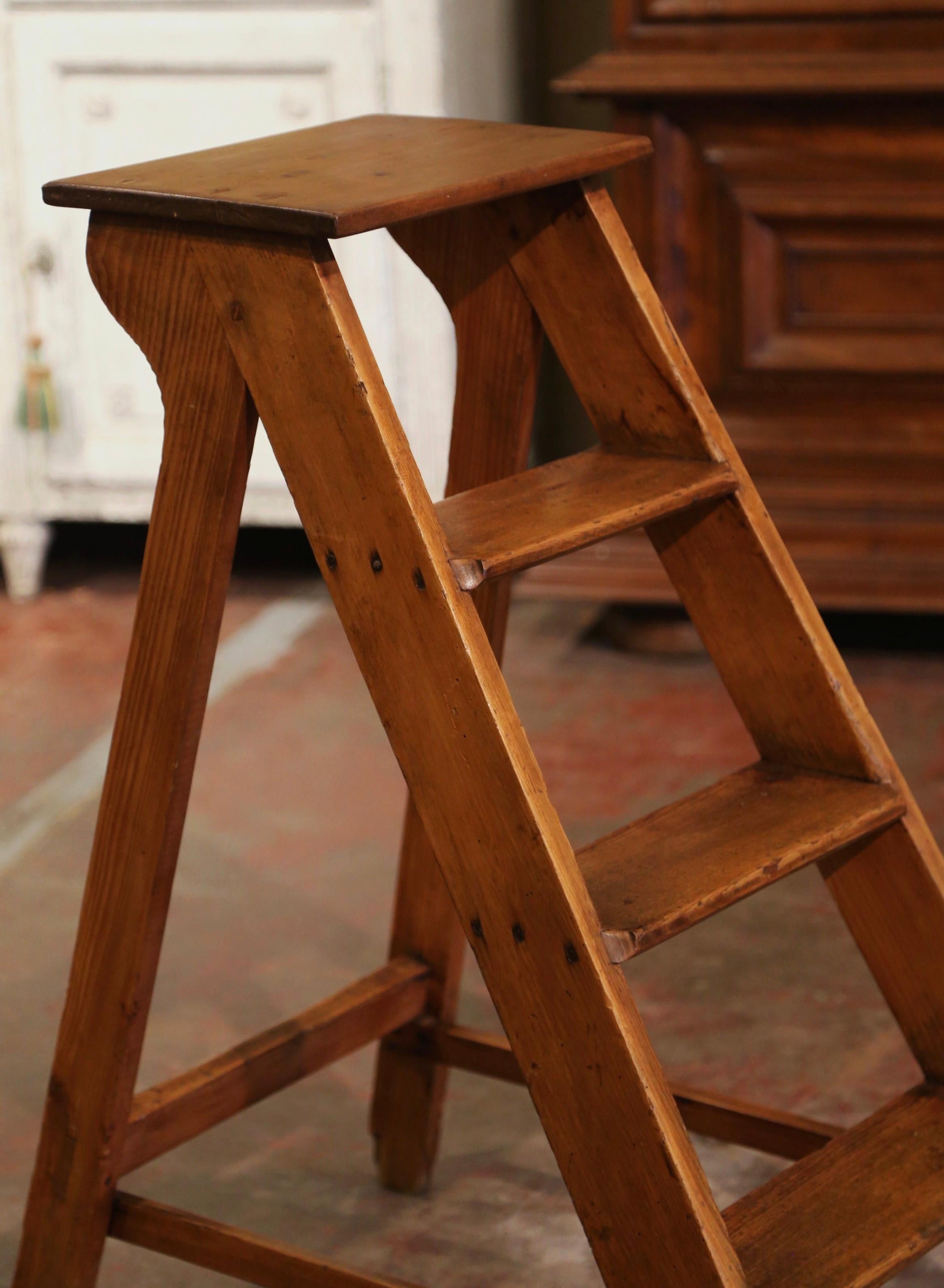 Rustic Early 20th Century, French Country Carved Pine Four-Step Library Ladder