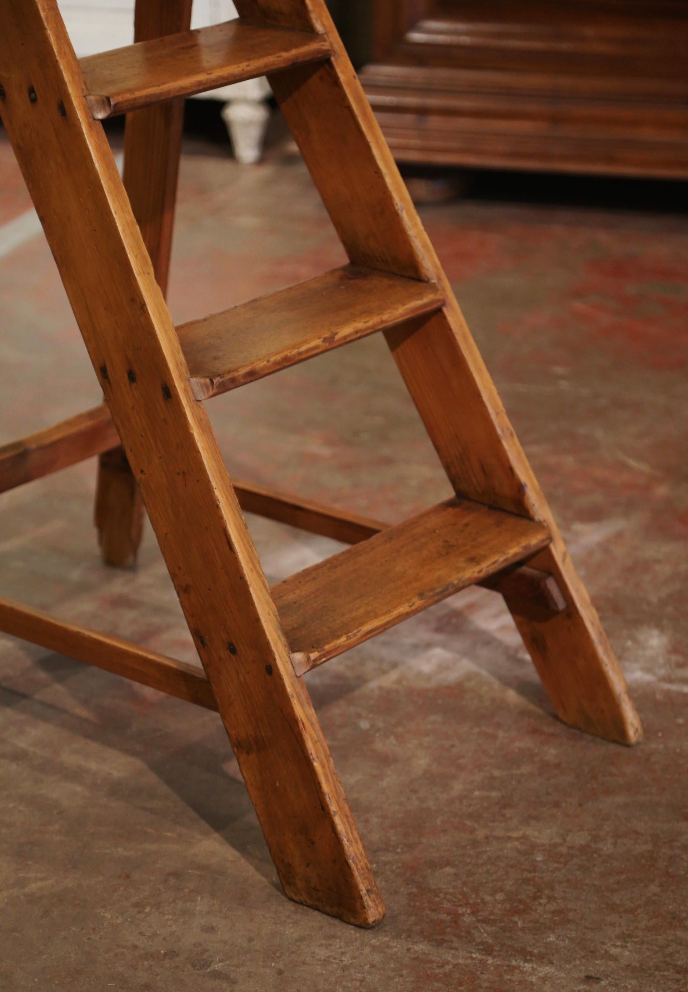 Hand-Carved Early 20th Century, French Country Carved Pine Four-Step Library Ladder