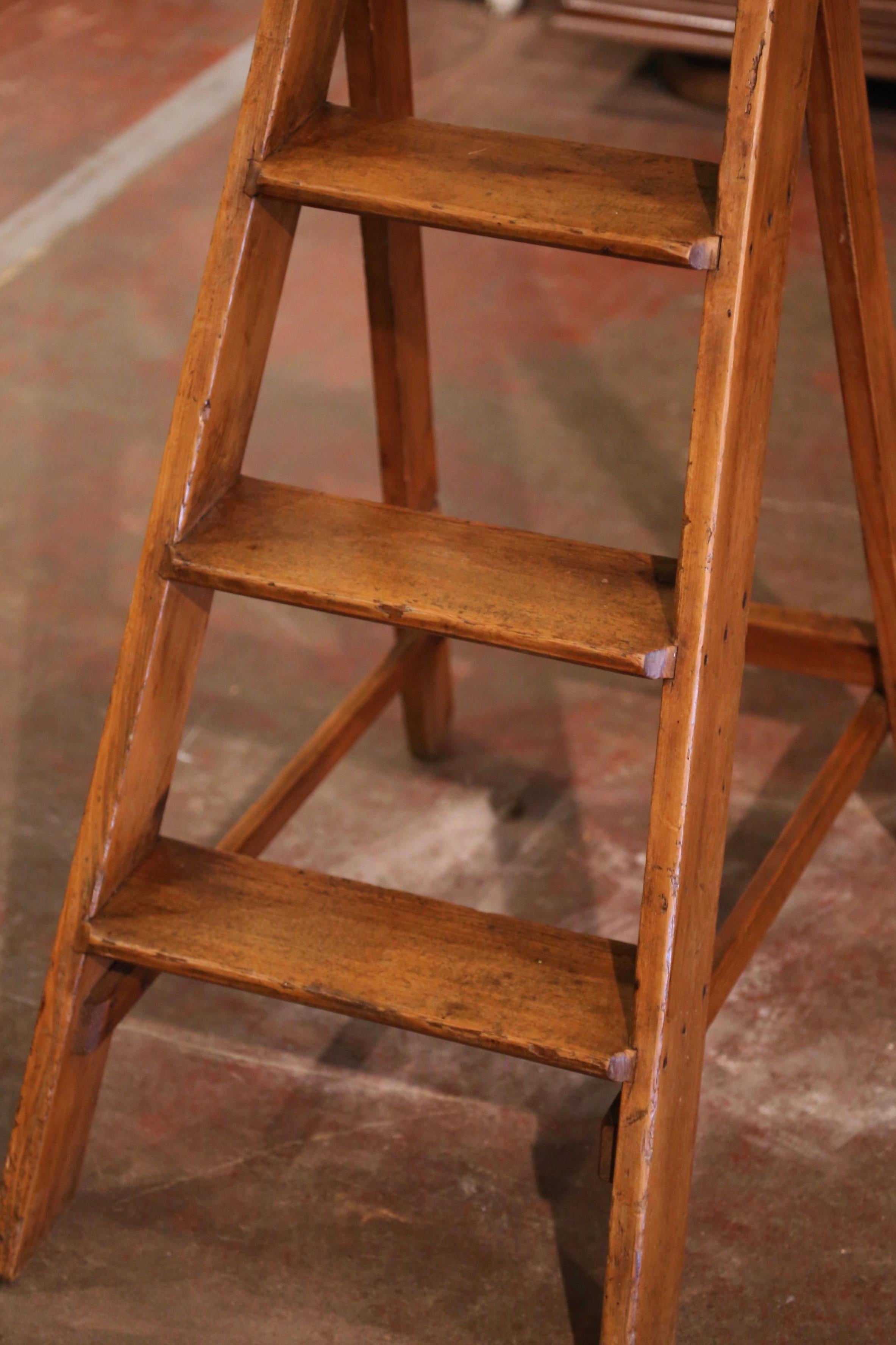 Early 20th Century, French Country Carved Pine Four-Step Library Ladder 2