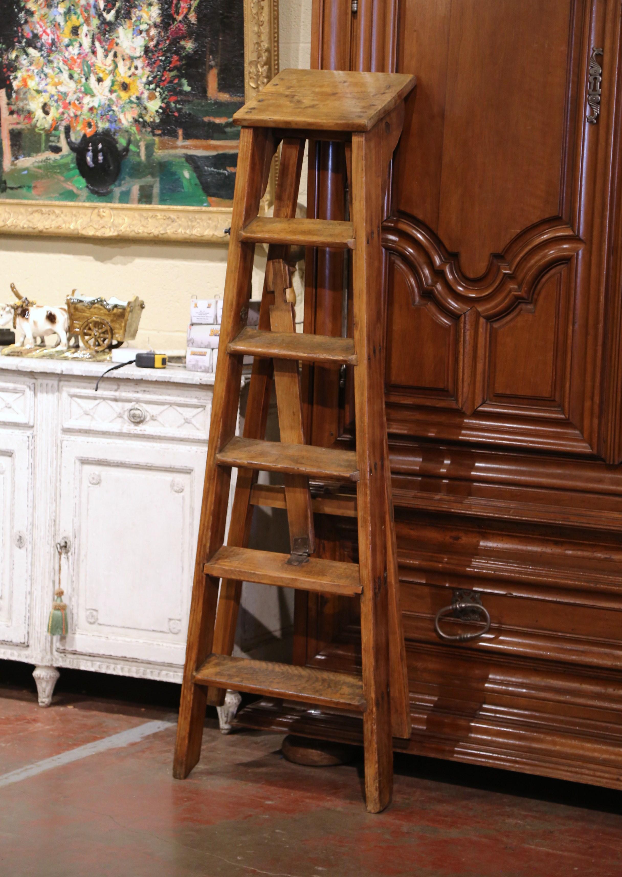 Early 20th Century French Country Carved Pine Library Step Ladder 4