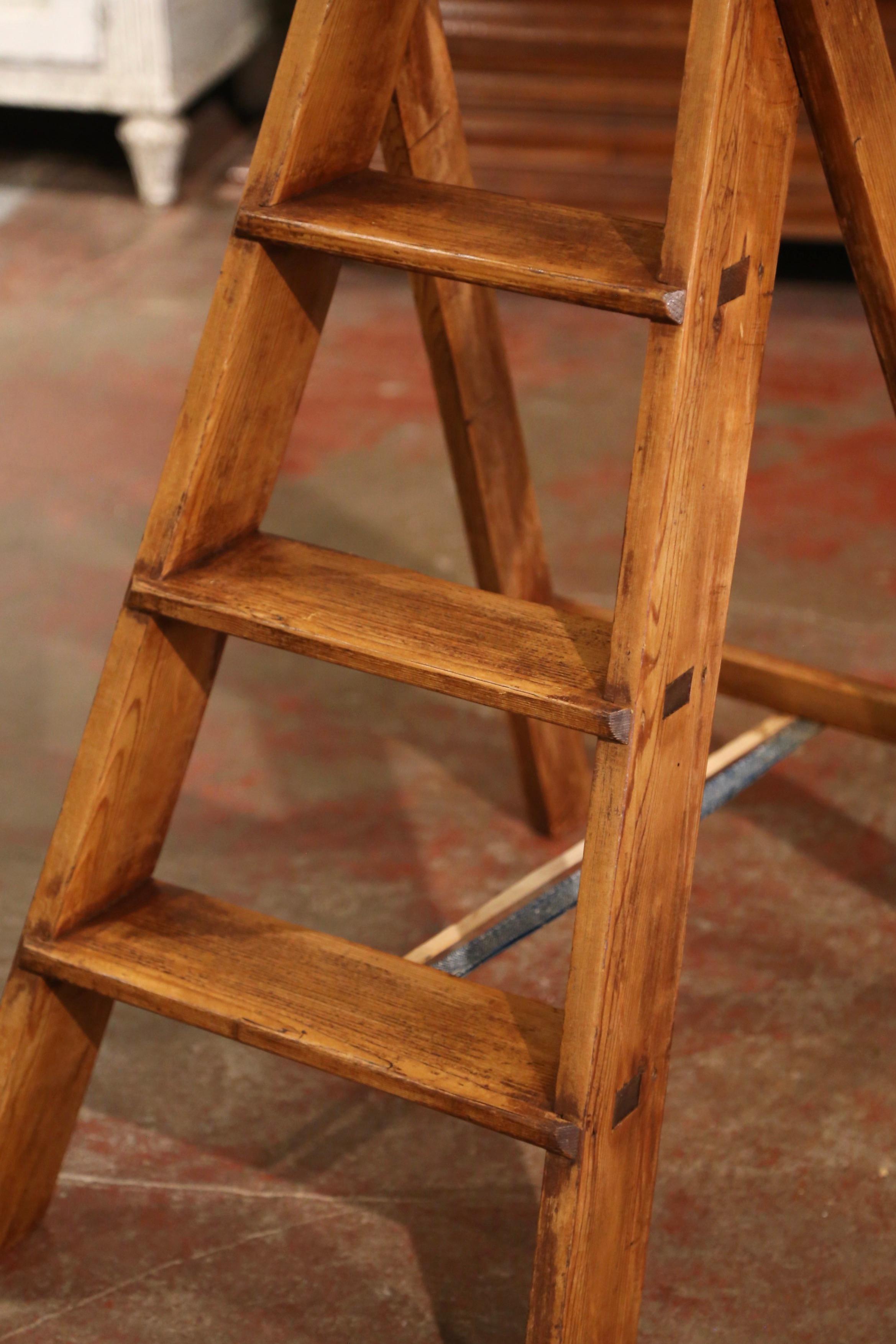 Rustic Early 20th Century French Country Carved Pine Folding Library Step Ladder