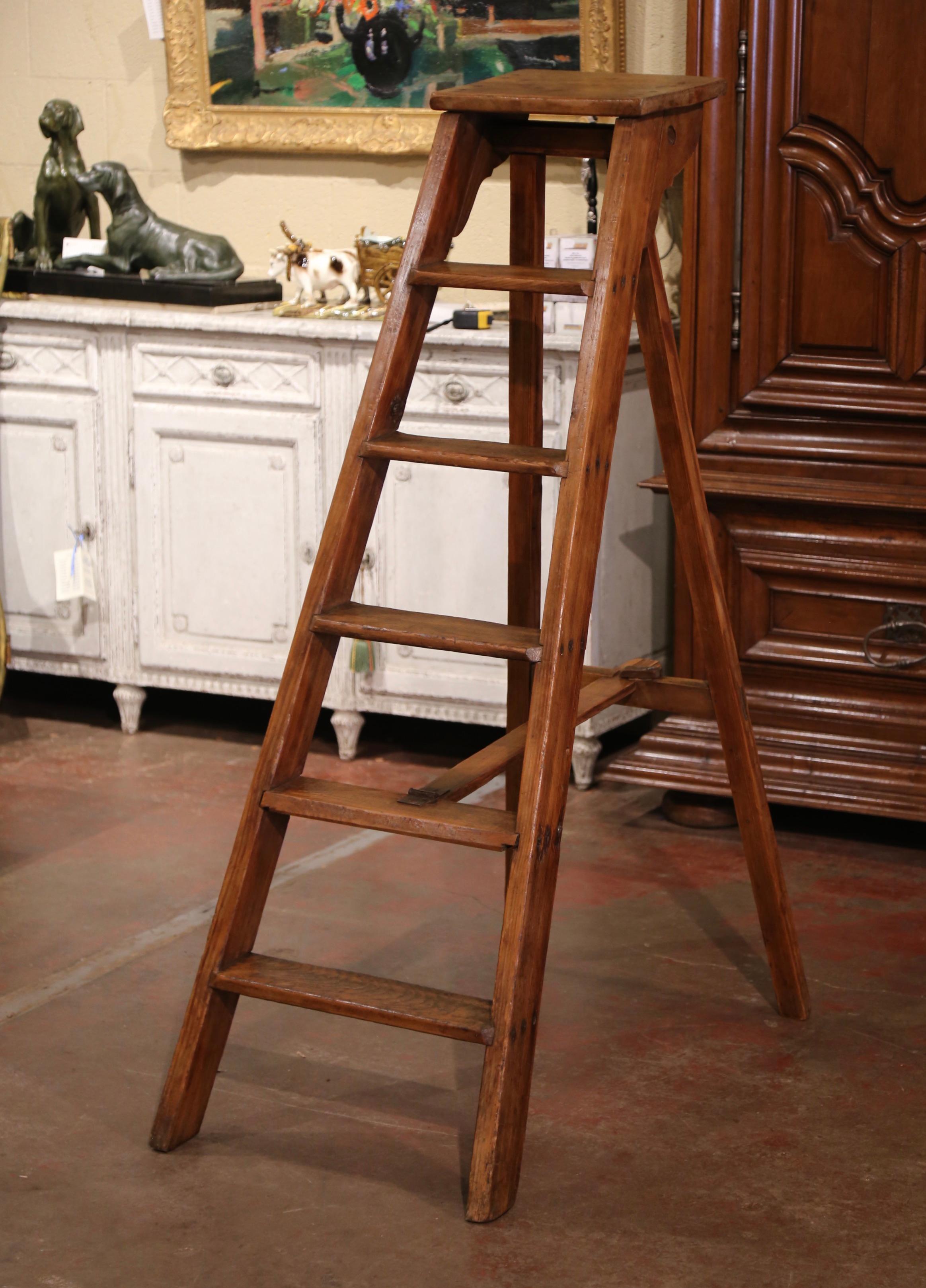 Hand-Carved Early 20th Century French Country Carved Pine Library Step Ladder