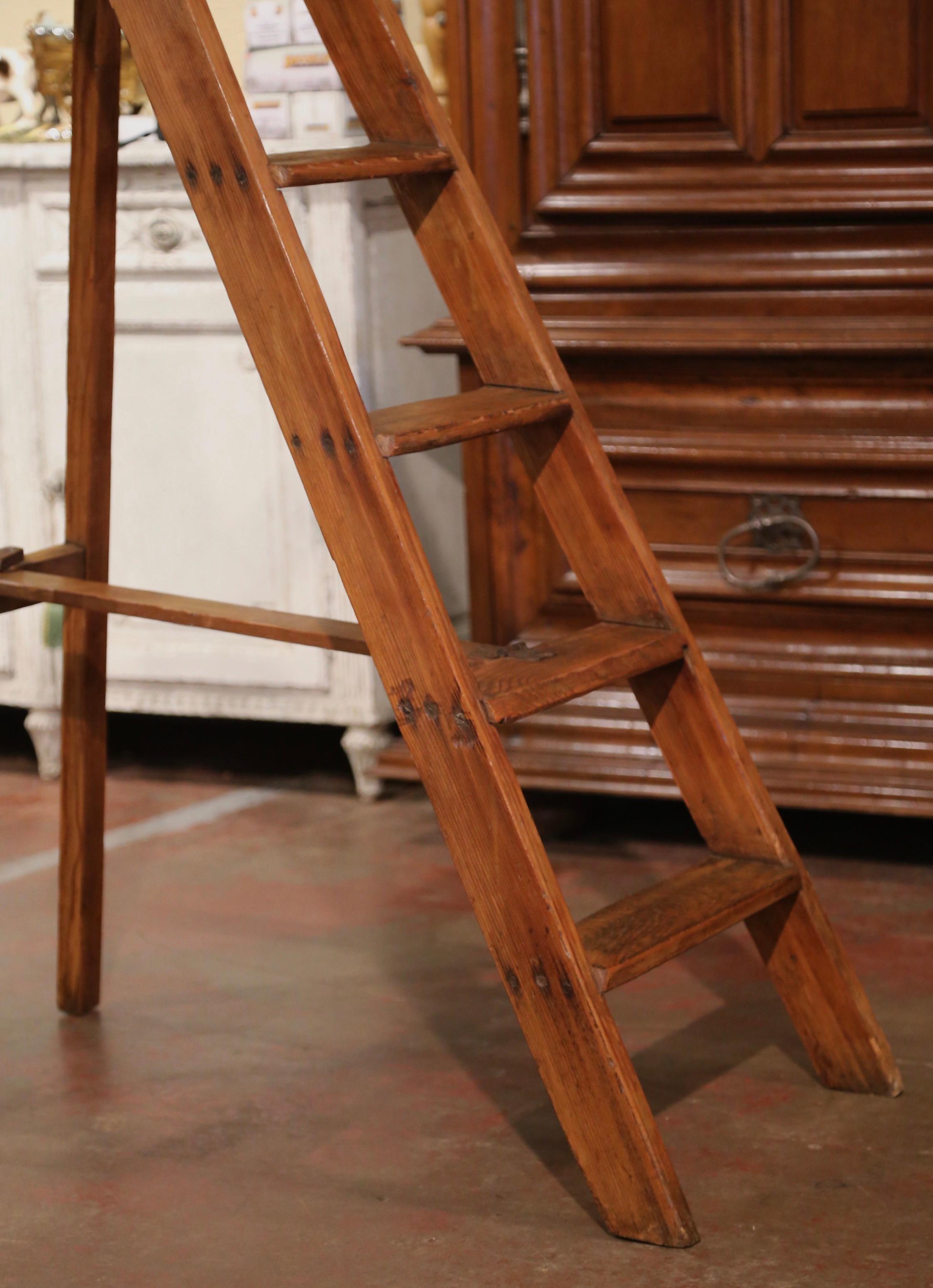Early 20th Century French Country Carved Pine Library Step Ladder 1