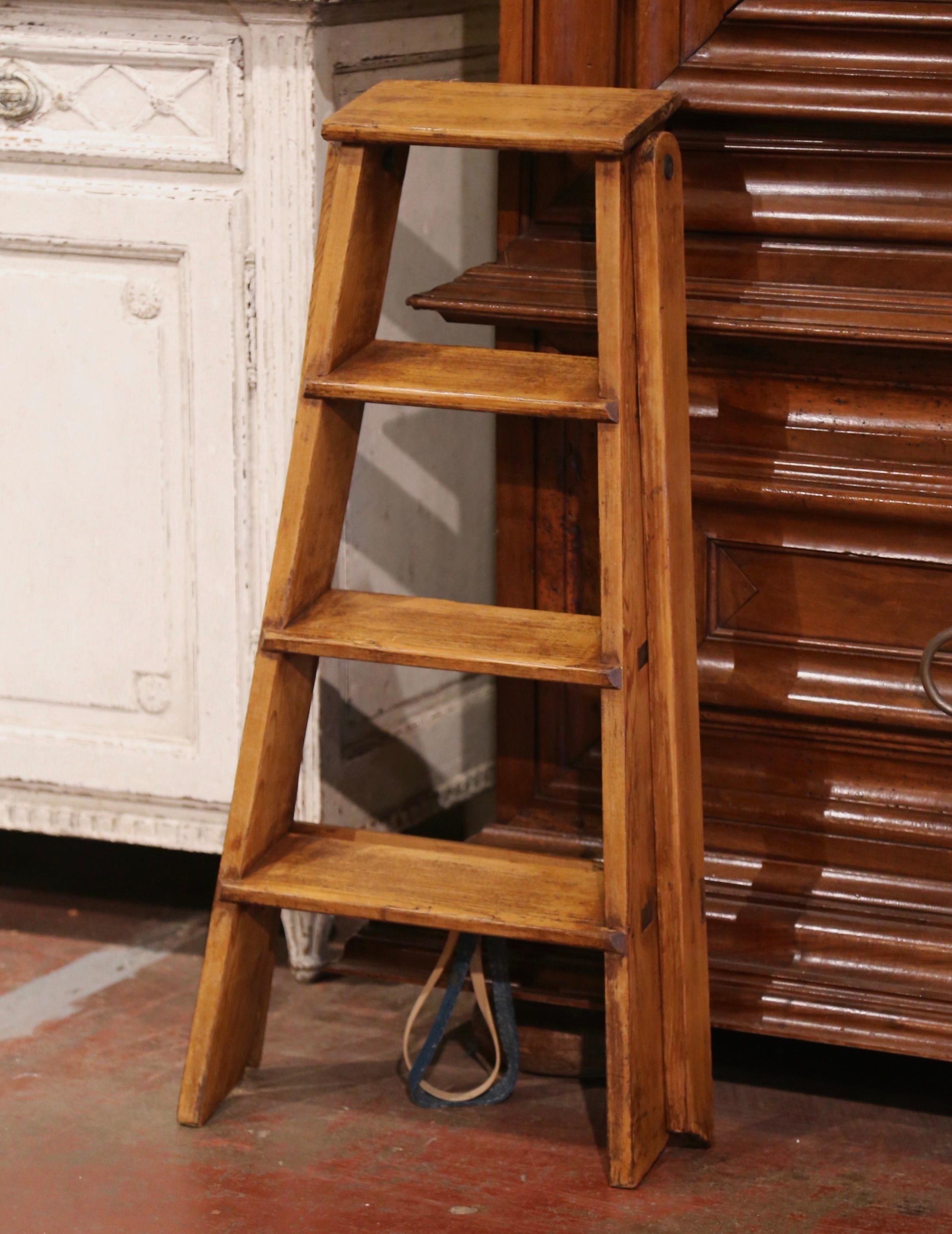 Early 20th Century French Country Carved Pine Folding Library Step Ladder 2