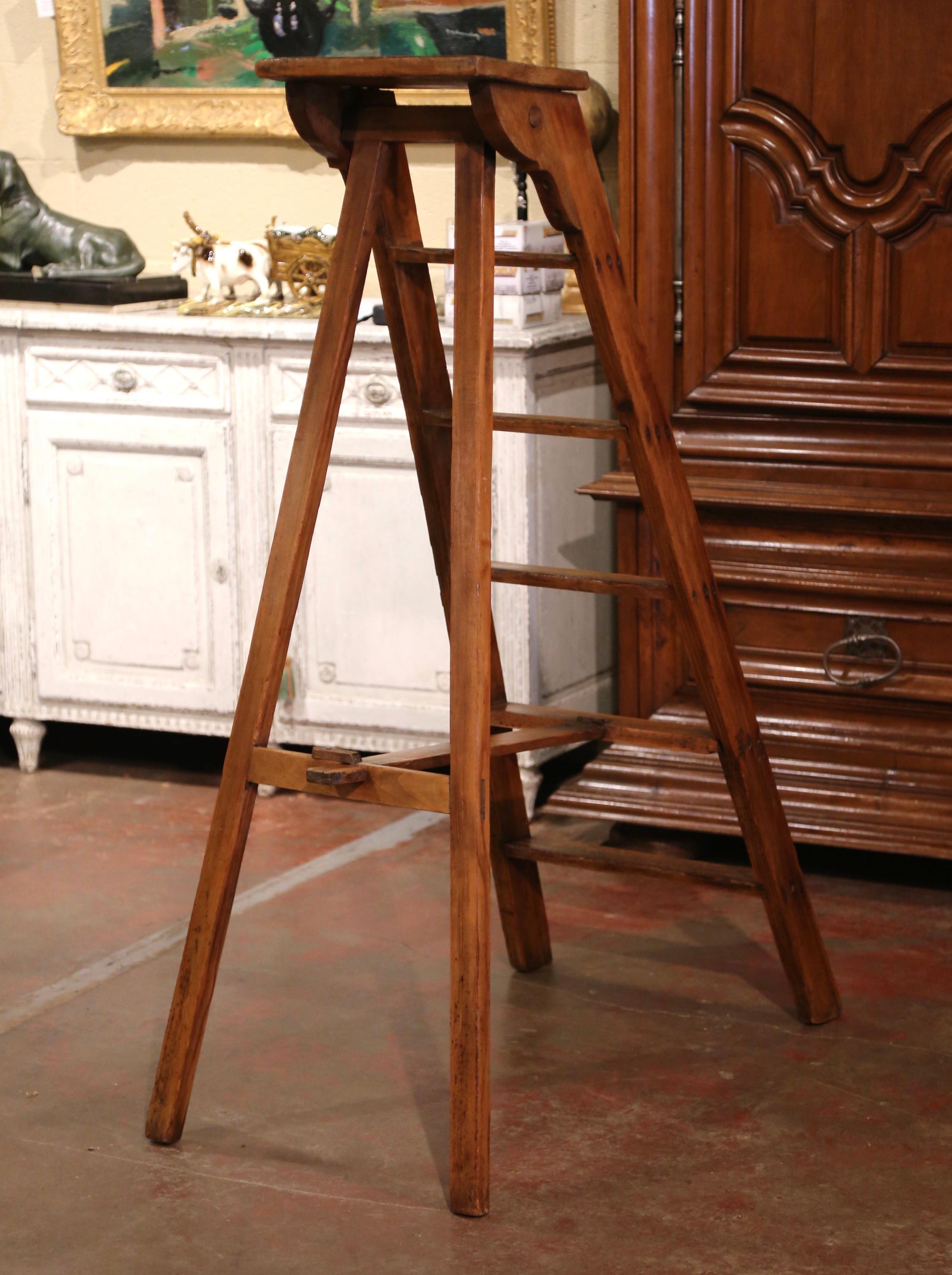 Early 20th Century French Country Carved Pine Library Step Ladder 2