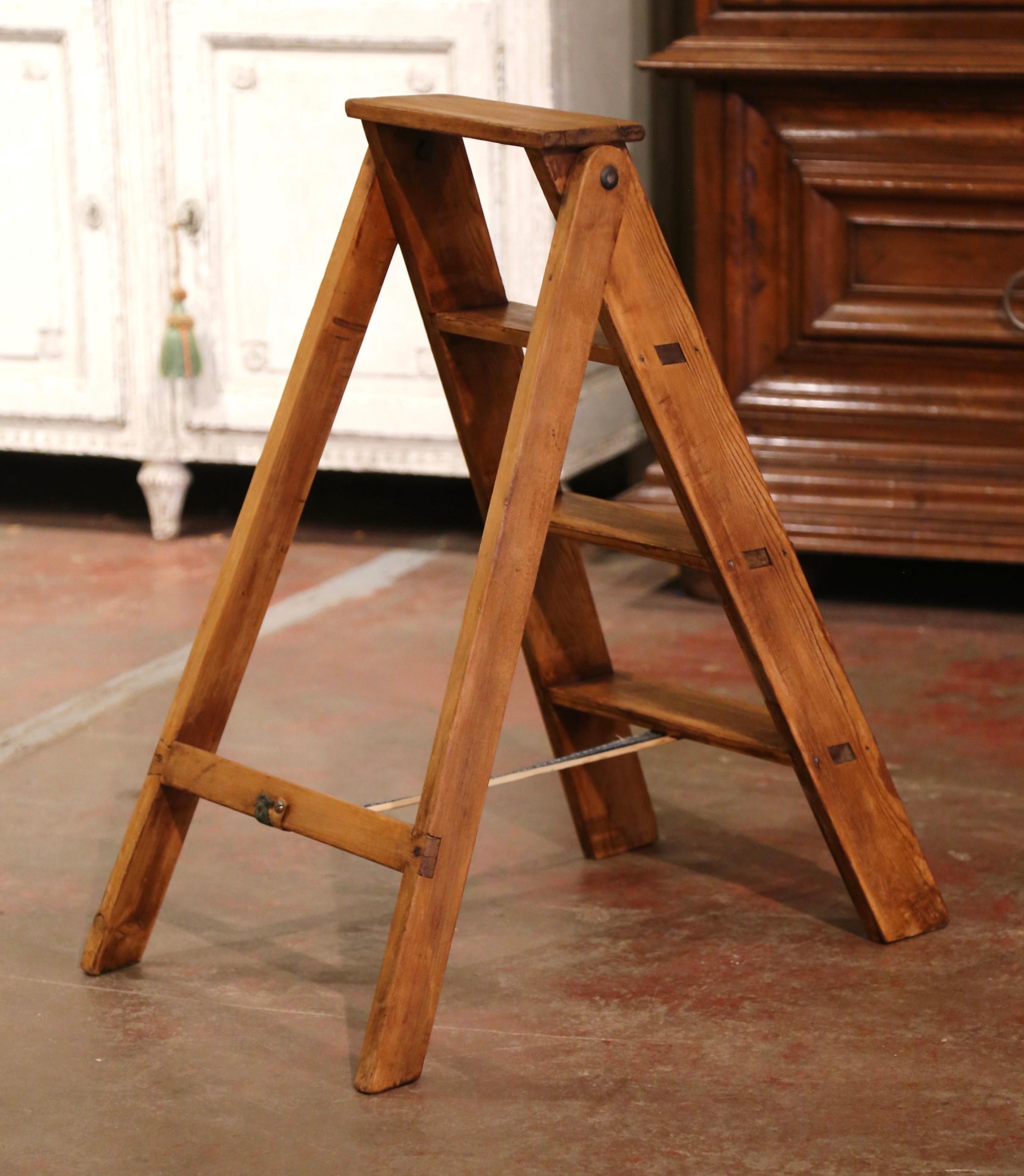Early 20th Century French Country Carved Pine Folding Library Step Ladder 3