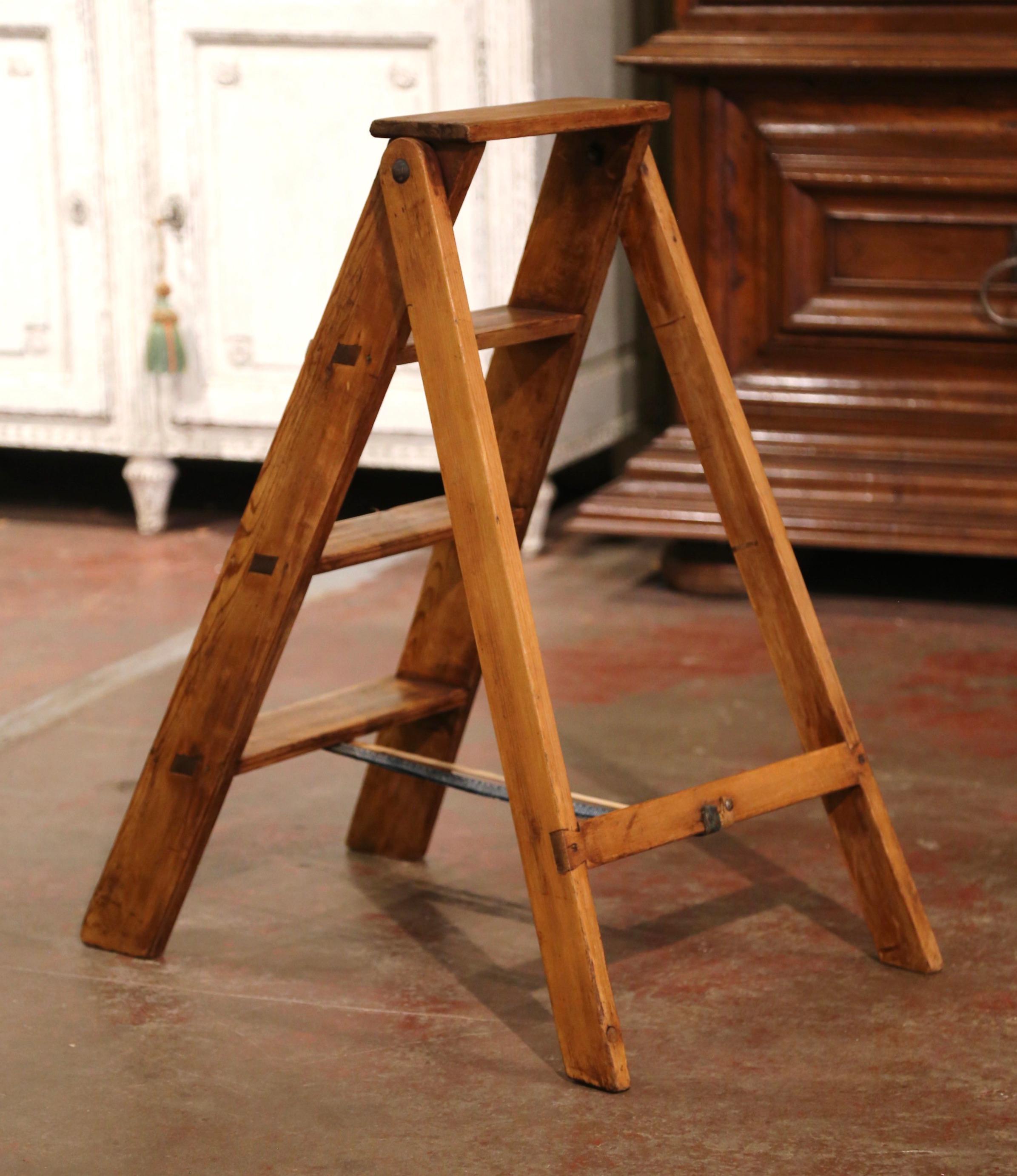 Early 20th Century French Country Carved Pine Folding Library Step Ladder 4