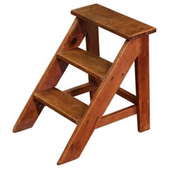 Early 20th Century French Country Carved Pine & Oak Three-Step Library Ladder