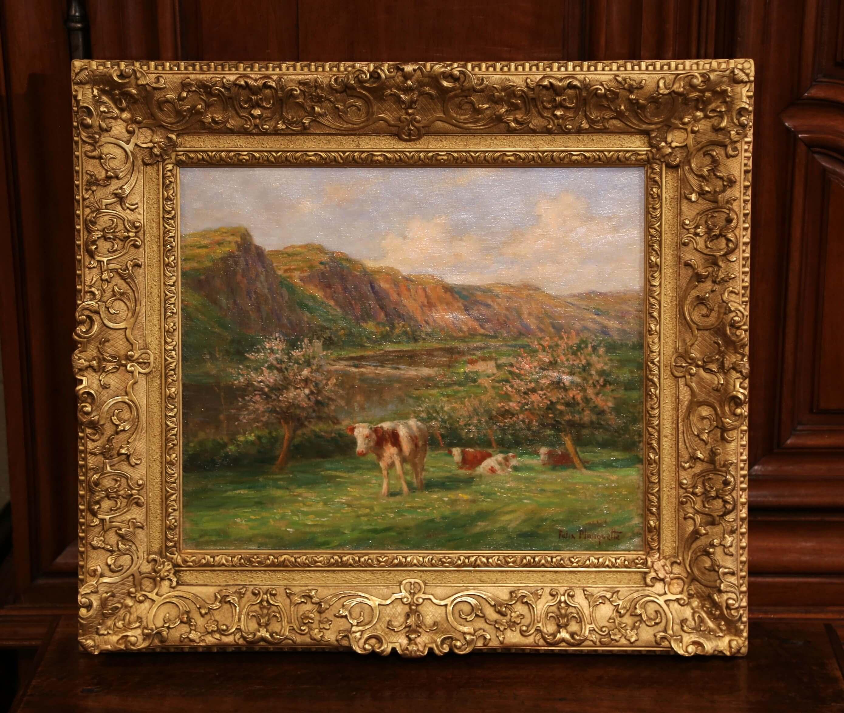 Canvas Early 20th Century French Cow Painting in Giltwood Frame Signed Felix Planquette