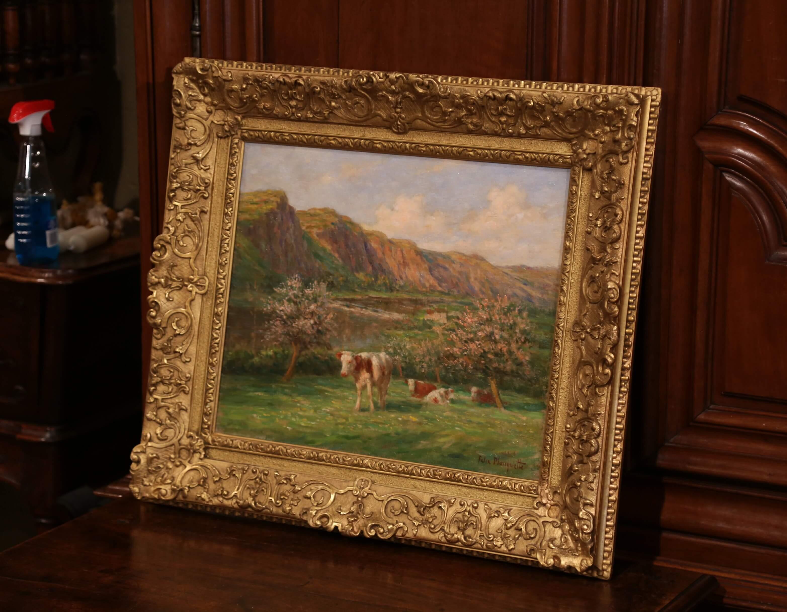Early 20th Century French Cow Painting in Giltwood Frame Signed Felix Planquette 1