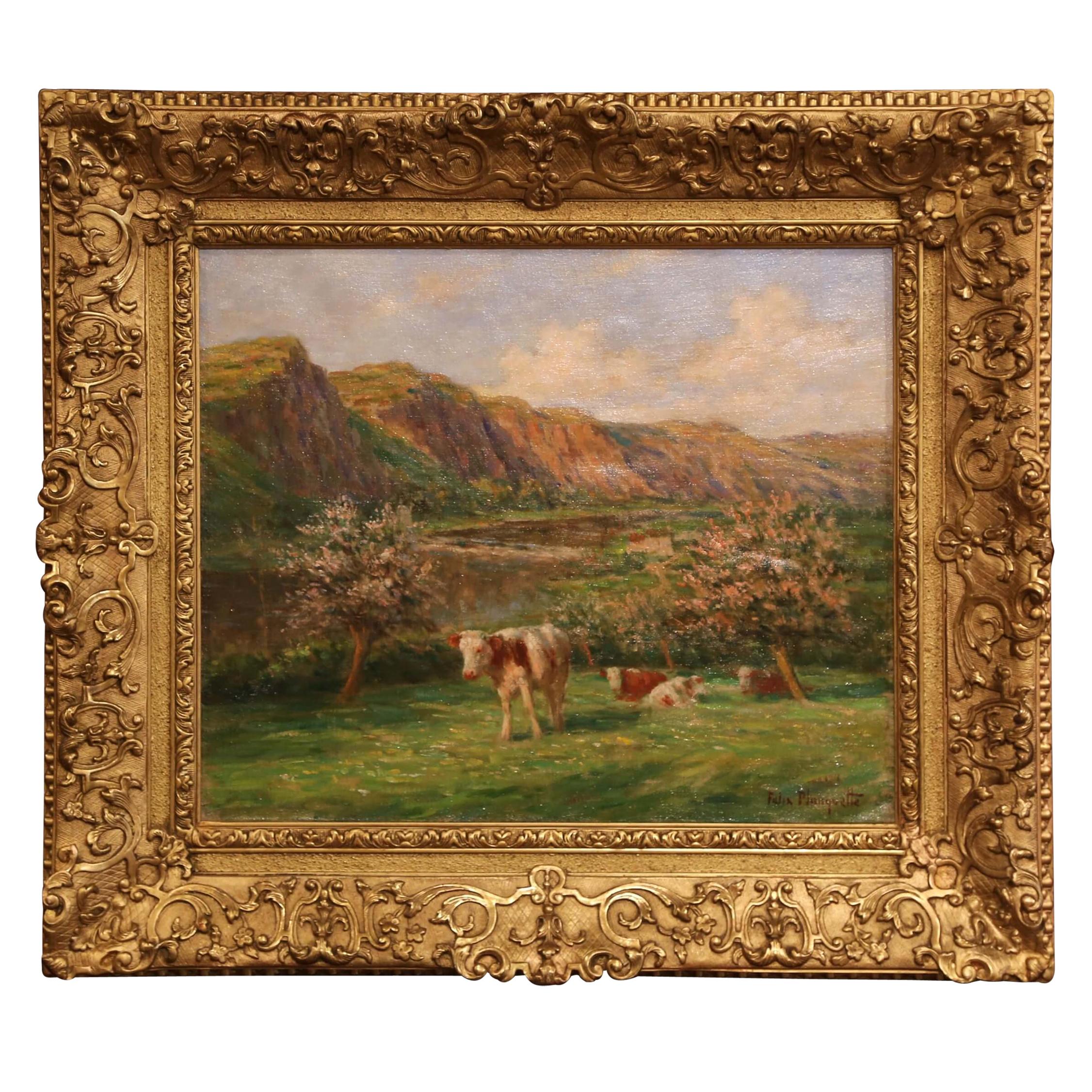 Early 20th Century French Cow Painting in Giltwood Frame Signed Felix Planquette