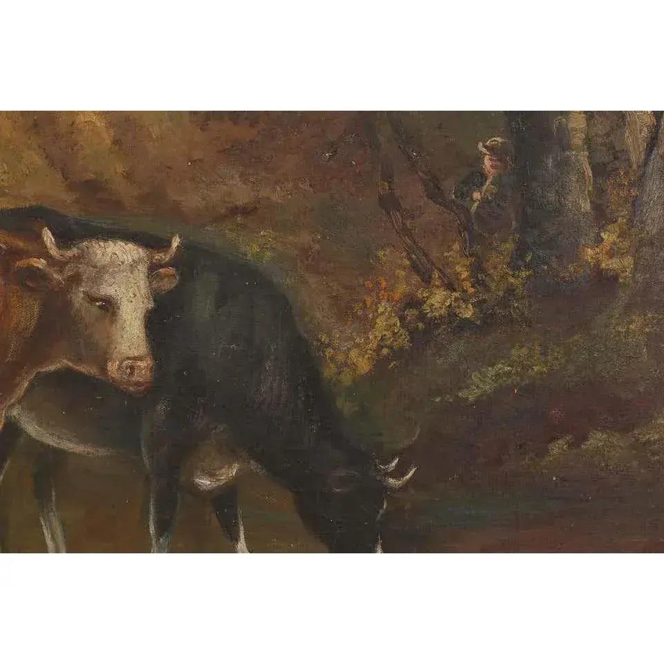 Dies ist eine schöne Öl auf Leinwand Gemälde von zwei Kühen trinken an einem Fluss, signiert J. Hongenae und datiert 1908. Das Thema ist typisch für Nordfrankreich und Belgien.

H 29.75 in. x B 22.25 in. x T .5 in.
H 75,57 cm x B 56,52 cm x T 1,27 cm