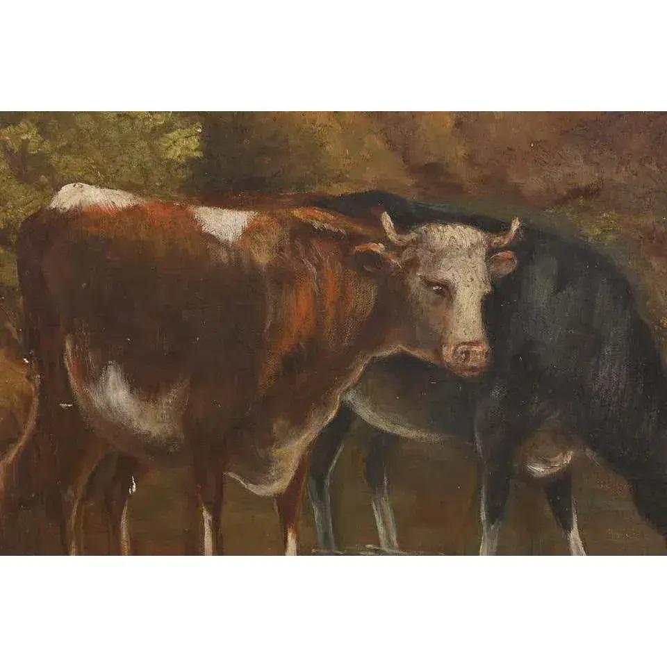 Frühe 20. Jahrhundert Französisch Kühe Landschaft Öl auf Leinwand Gemälde von J. Hongenae (Handgefertigt) im Angebot