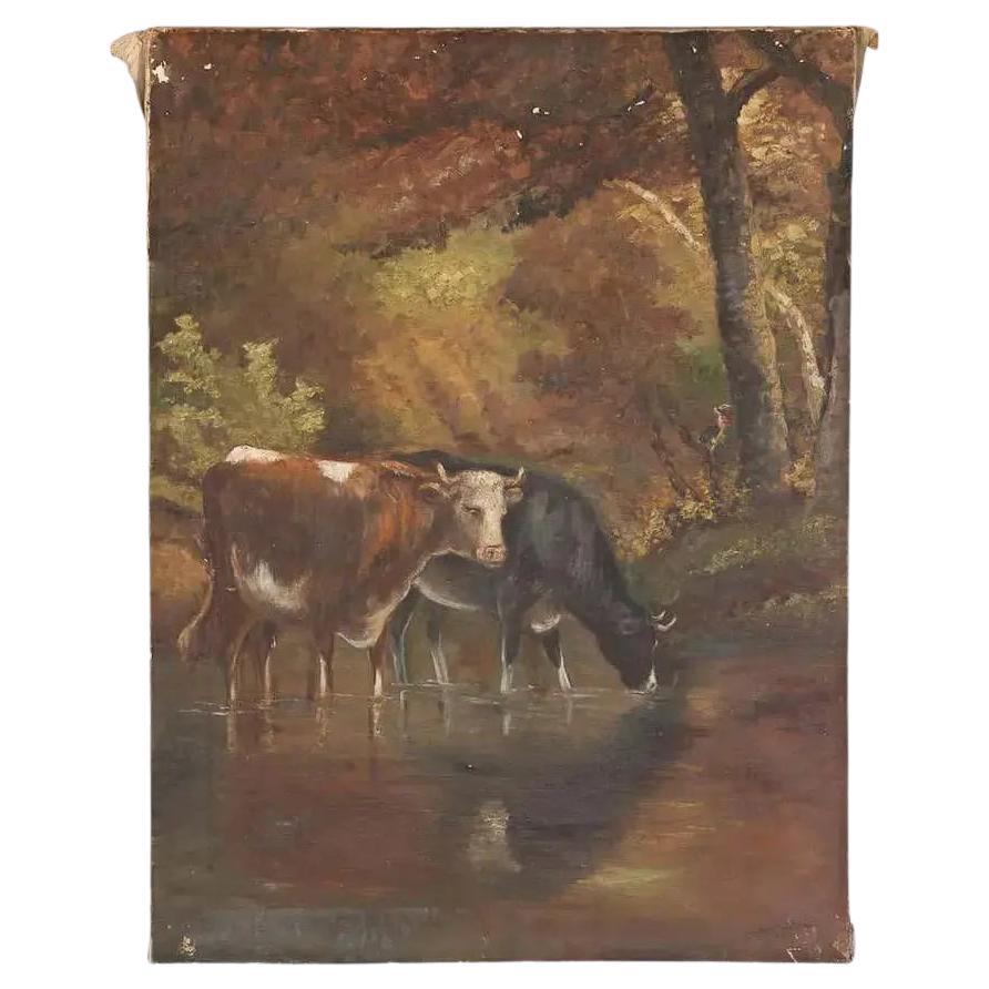 Frühe 20. Jahrhundert Französisch Kühe Landschaft Öl auf Leinwand Gemälde von J. Hongenae