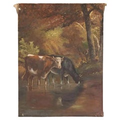 Frühe 20. Jahrhundert Französisch Kühe Landschaft Öl auf Leinwand Gemälde von J. Hongenae