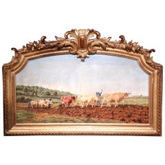 Early 20th Century French Cows Oil Painting in Carved Arched Gilt Wood Frame