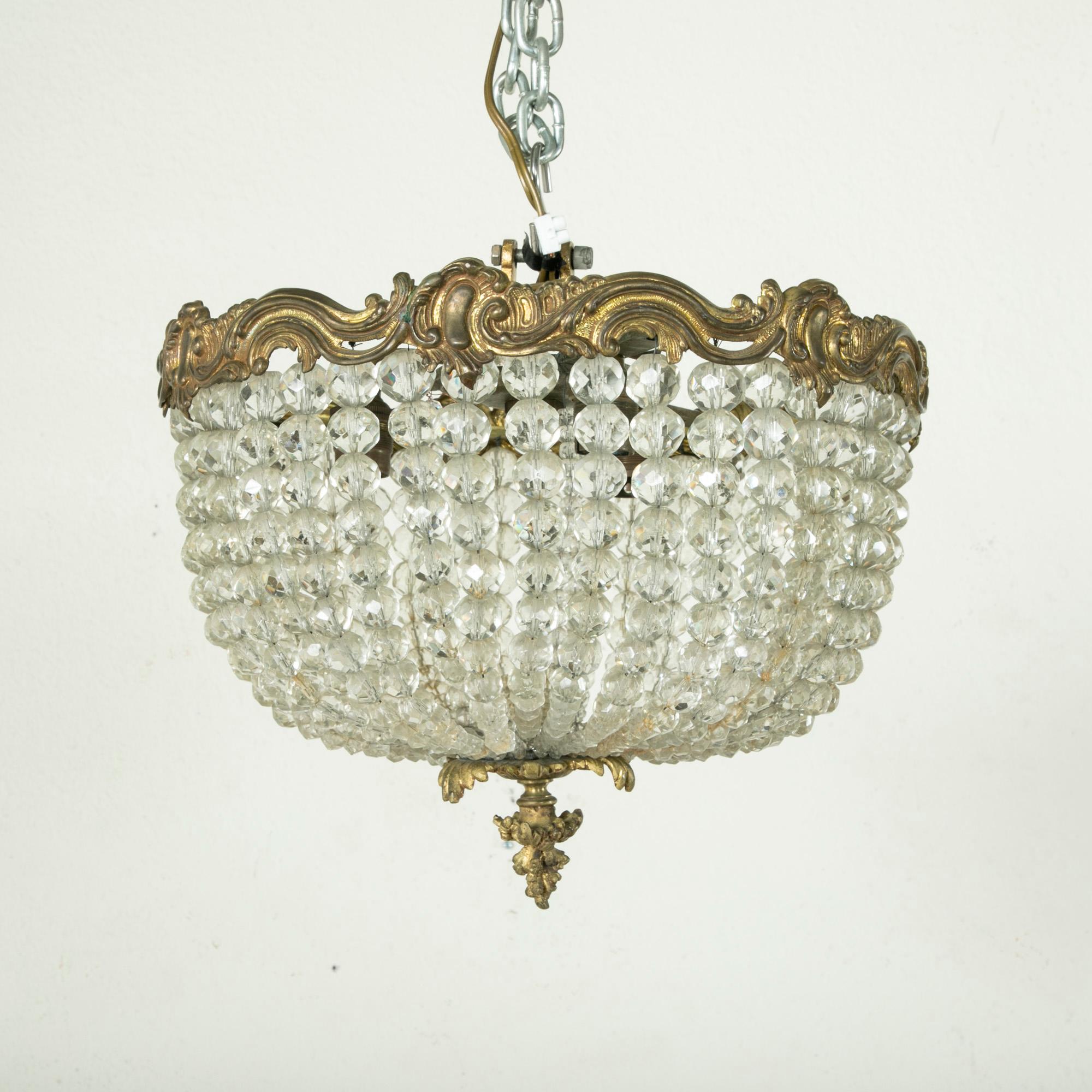 Early 20th Century French Crystal and Bronze Flush Mount or Chandelier, Pendant In Good Condition In Fayetteville, AR