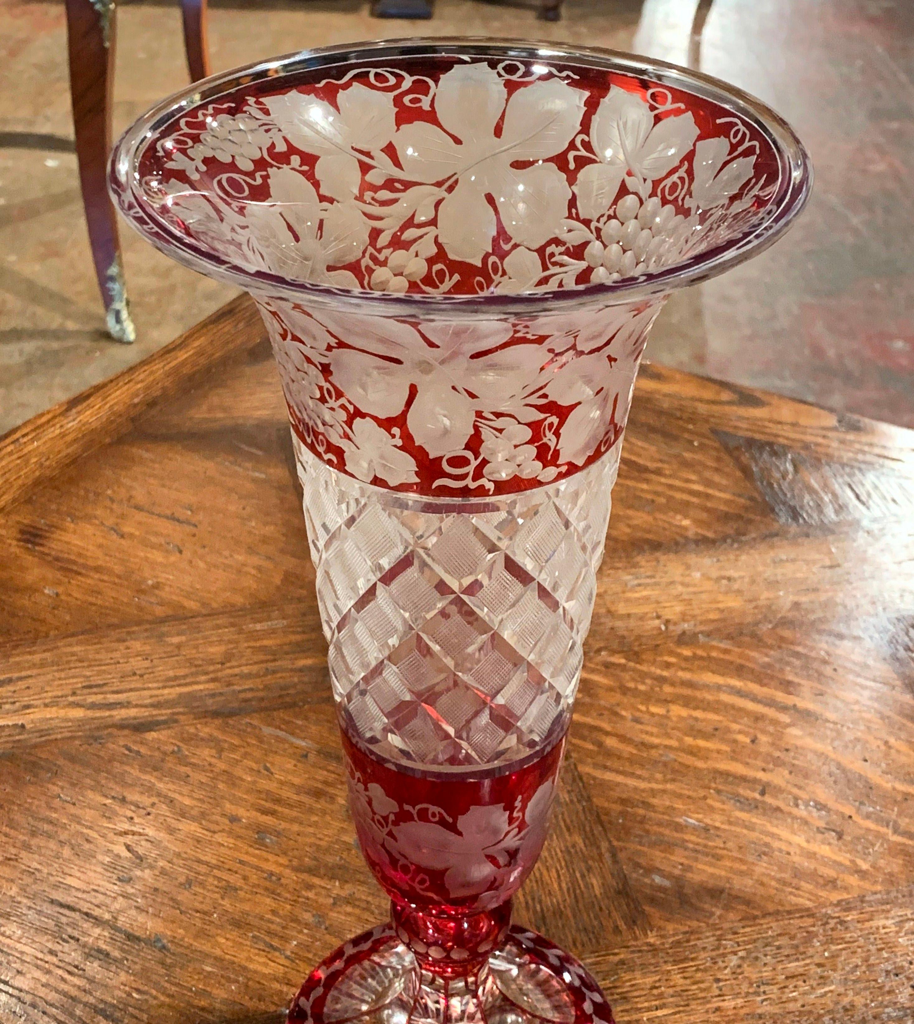 Neoclassical Early 20th Century French Crystal Saint Louis Vase with Red Painted Vine Motifs