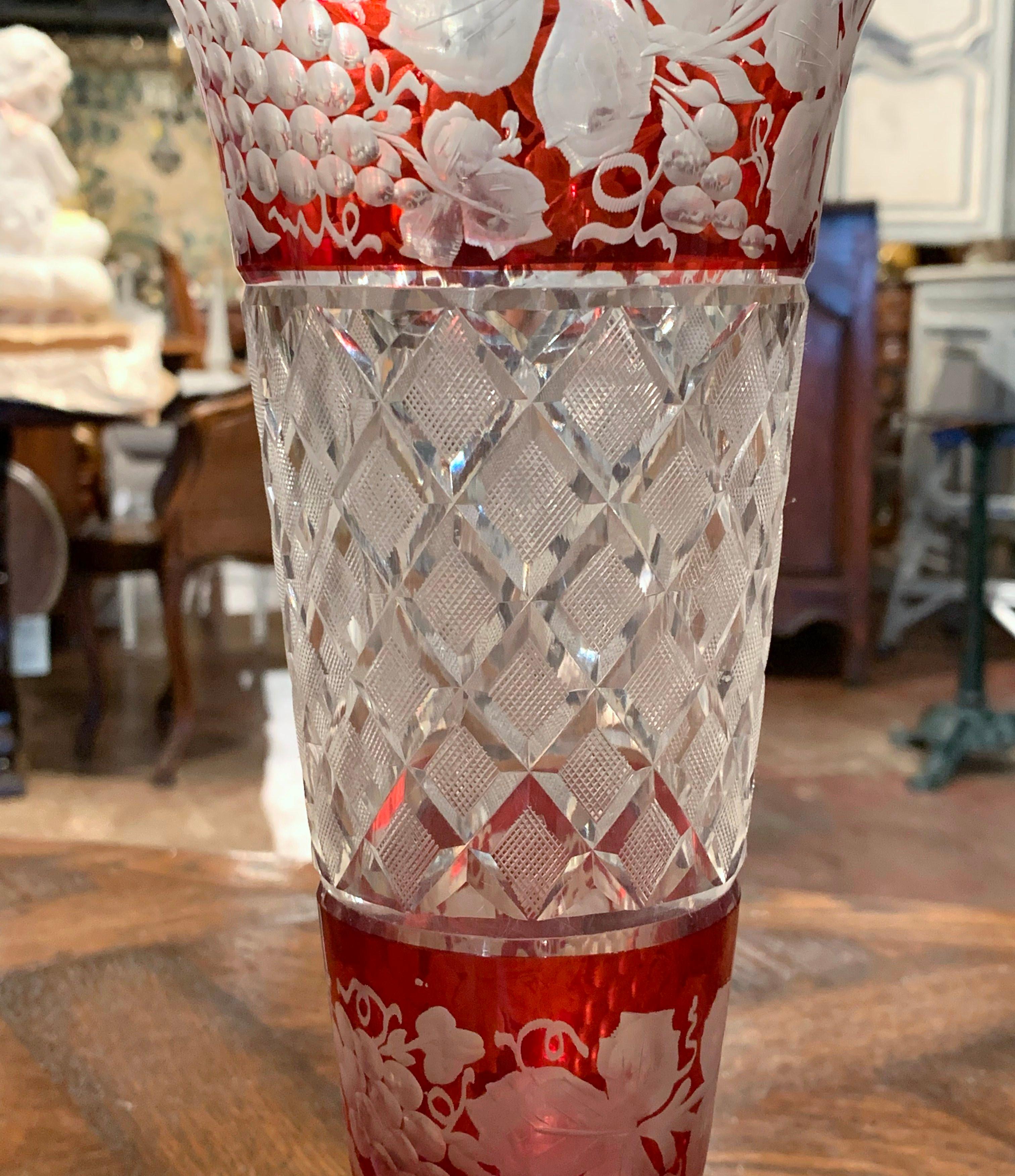 Hand-Crafted Early 20th Century French Crystal Saint Louis Vase with Red Painted Vine Motifs