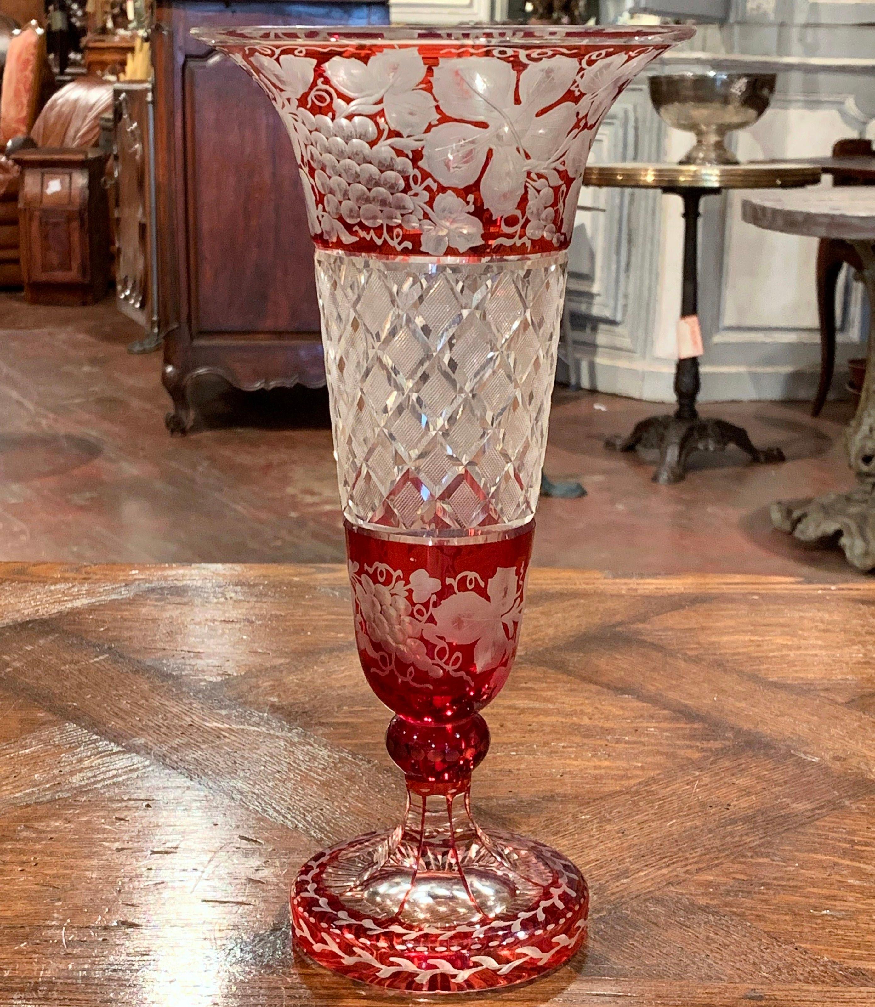 Early 20th Century French Crystal Saint Louis Vase with Red Painted Vine Motifs 1